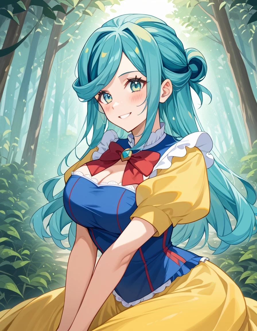 score 9 、score 8 up、score 7 up、 Masterpiece、 top quality、 Hi-Res、anime coloring、、1woman、Pokemon grusha 、Alone、 long hair、aqua eyes、Blue Hair、 green hair、aqua hair、multicolored hair、hair bun、eyelash、half up hair、Big Breasts、 Extremely Large Breasts、、snow white cosplay、snow white (disney) (cosplay)、cosplay、dress、puffy and slash sleeves、puffy short sleeves、puffy sleeves、red bow、short sleeves、yellow skirt、blue dress、forest、 Sitting、smile、blush、looking at viewer、 cowboy shot、