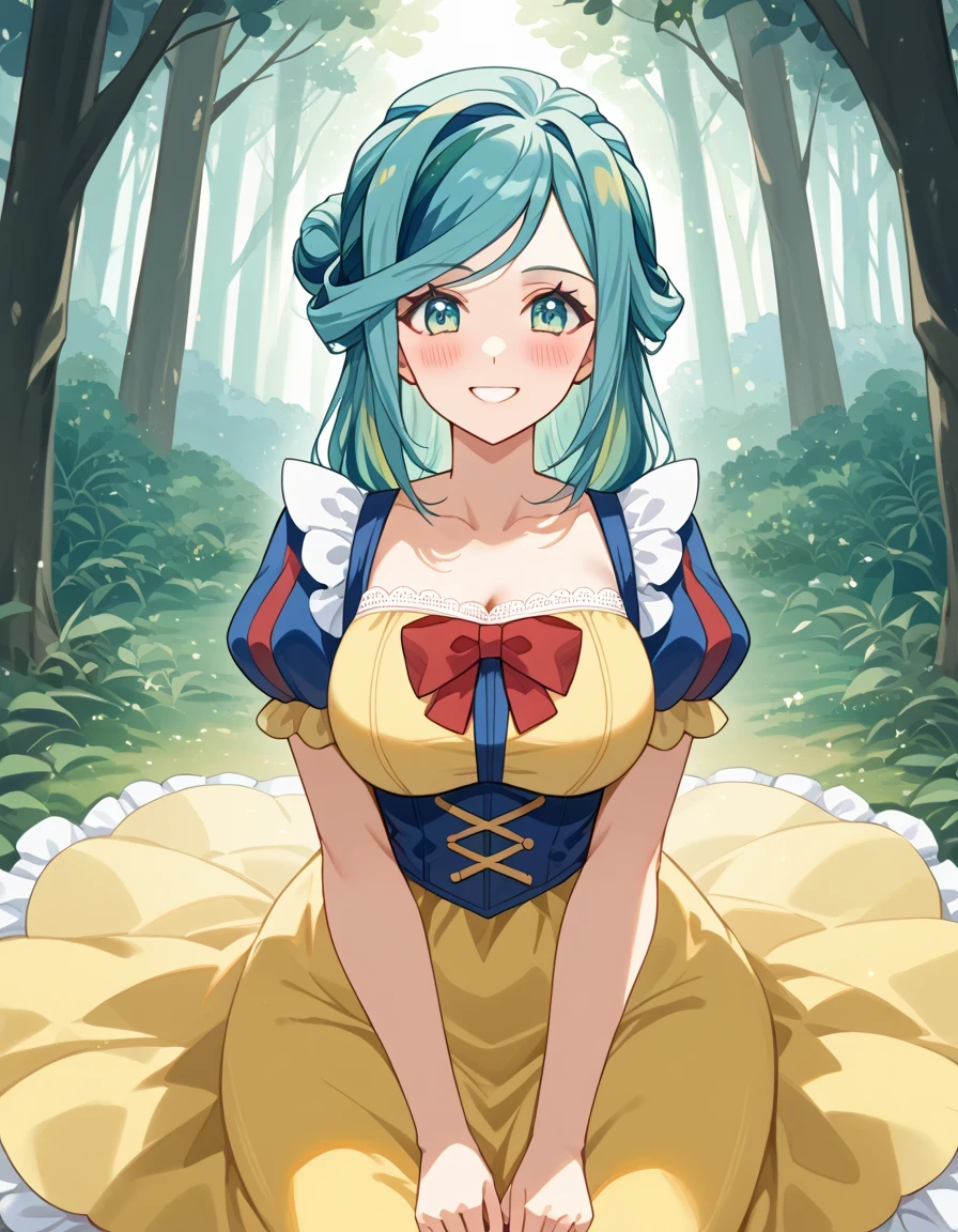score 9 、score 8 up、score 7 up、 Masterpiece、 top quality、 Hi-Res、anime coloring、、1woman、Pokemon grusha 、Alone、 long hair、aqua eyes、Blue Hair、 green hair、aqua hair、multicolored hair、hair bun、eyelash、half up hair、Big Breasts、 Extremely Large Breasts、、snow white cosplay、snow white (disney) (cosplay)、cosplay、dress、puffy and slash sleeves、puffy short sleeves、puffy sleeves、red bow、short sleeves、yellow skirt、blue and yellow dress、forest、 Sitting、smile、blush、looking at viewer、 cowboy shot、