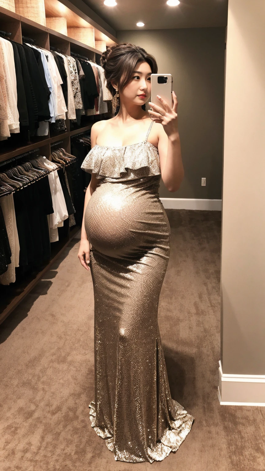 Blonde woman in black dress taking selfie in front of wooden wall, (( 8 months pregnant )) wearing a black dress, tight dress, wearing a black dress, wearing a tight black dress, sexy dress, shiny black dress, wearing a black dress, dark black dress, sexy look, about ((20 years old)), she is wearing a black dress, short dress, wearing dress, dark dress, full black dress ((big breasts)), thick legs big protruding ass giving sexy curves