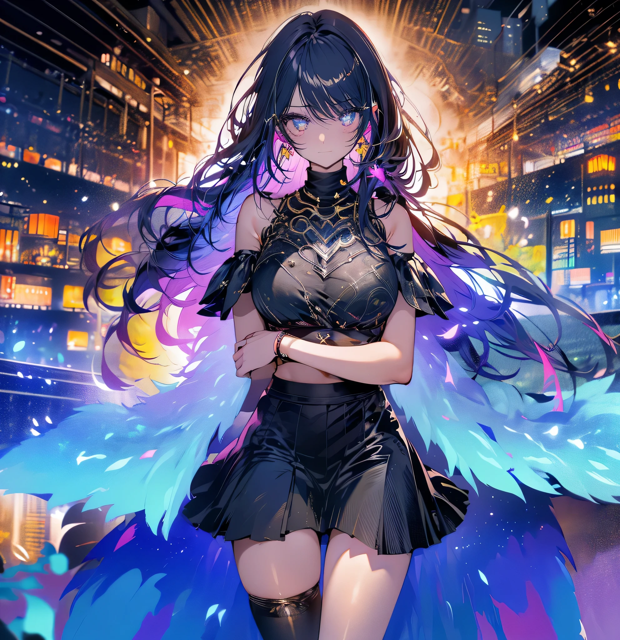 a (Stunning young Malaysian woman strolling)(Friendly fluorescent tentacle creature) In the starry sky、Neon lights on the beach, Otherworldly Skies