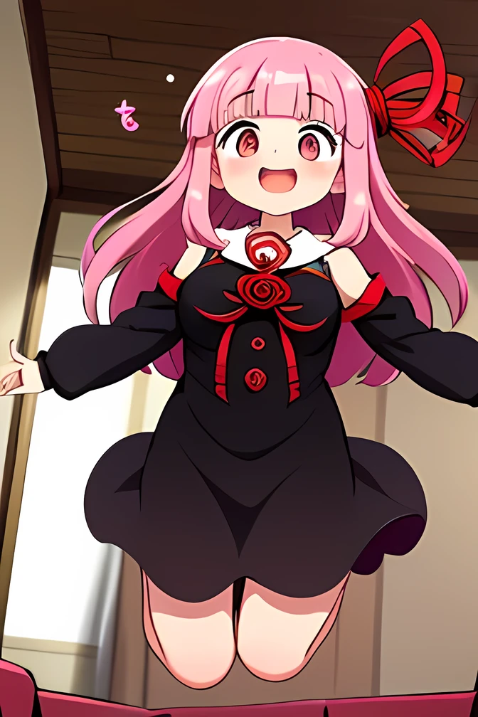 kotonoha akane,(( is puzzling)),Small eyes,round face,(((hair ribbon))),pink hair,long hair,(((One double tooth))),(open mouth:1.5),(((big breast))),(( chubby)) ,((black dress)), detached sleeves, wide sleeves, bare shoulders ,(((big smile:1.5))),(((hooray))),(((Please show your excitement by jumping up and down:1.5))),((( High Tension :1.4))),((( red cheeks))),(( sweaty)),((( Abnormal vomiting:1.3))), indoor, living room ,((( Focus on Women ))), angle from before,