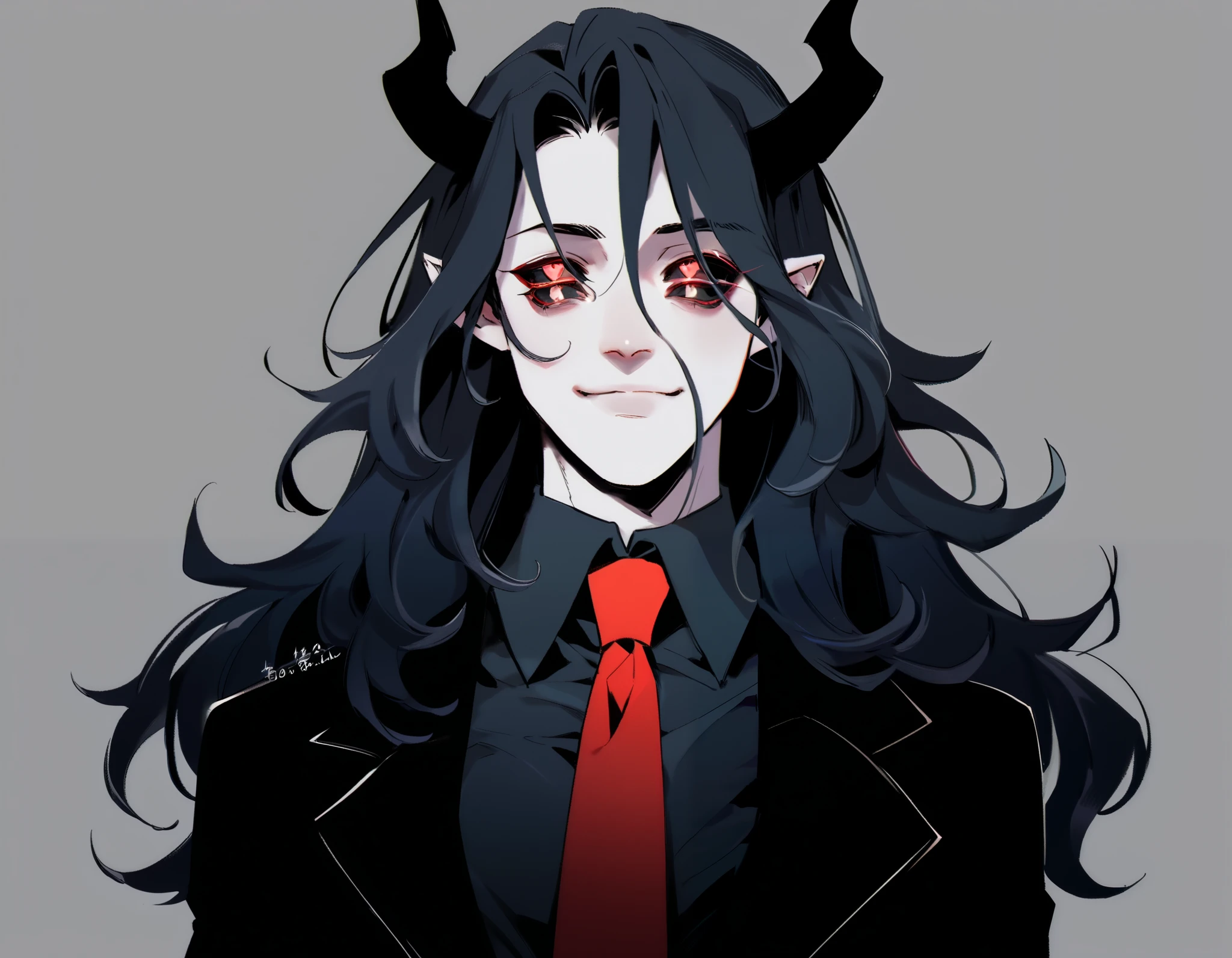 30-year-old male, devil, pale skin, dark shadows that highlight his face , pretty face, little bad smile . 10 eyes on the face , of black sclera and red pupils . black and wavy hair, long hair down to waist, large black horns with a crimson tip , pointed ears. Tall man , view from waist up, he wears a black suit , with a black dress shirt underneath and with a red tie. Black tail with a crimson tip