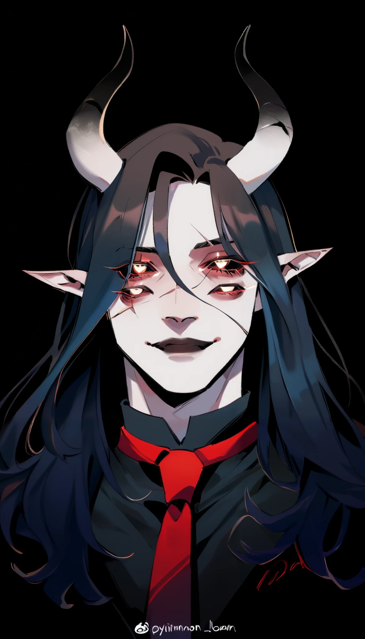 30-year-old male, devil, pale skin, dark shadows that highlight his face , pretty face, little bad smile . 10 eyes on the face , of black sclera and red pupils . black and wavy hair, long hair down to waist, large black horns with a crimson tip , pointed ears. Tall man , view from waist up, he wears a black suit , with a black dress shirt underneath and with a red tie. Black tail with a crimson tip
