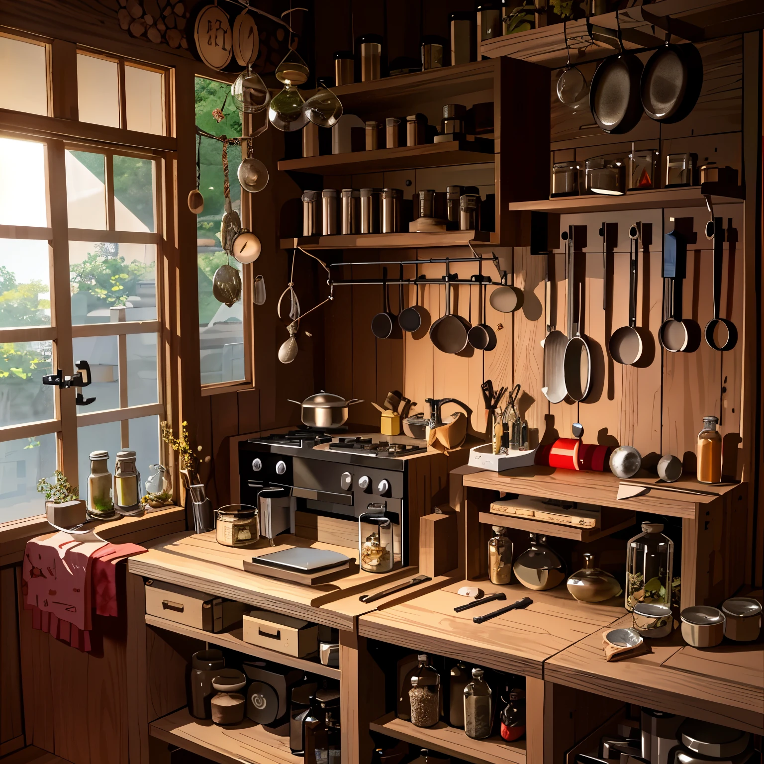 Magic Workshop,ポーションbottle,Cooking stove,Herbs, sunshine,bottle, Jars , Jars , is leaking sex