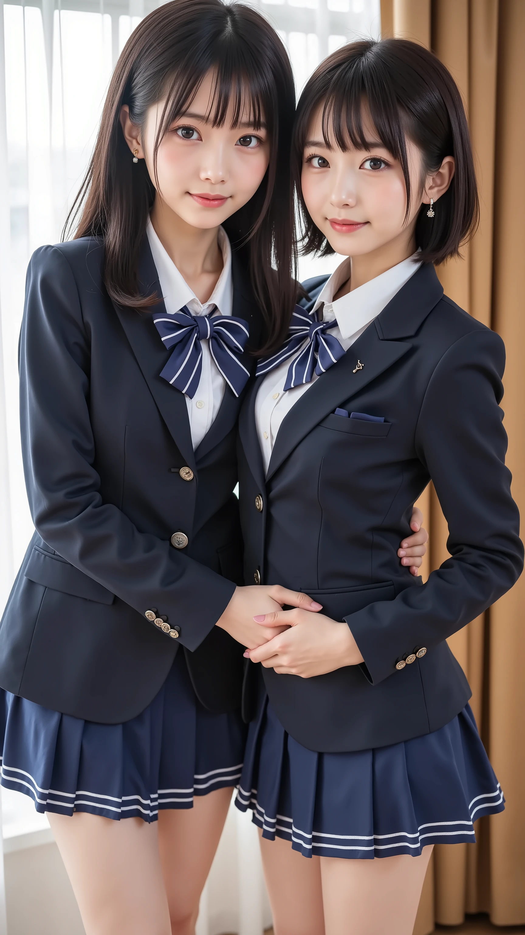 nsfw, Korean Idols, Nogizaka idol,actress, gravure idol, (8k, RAW Photo, top quality, masterpiece:1.2), masterpiece, top quality, shape, very well detailed, Fine details, Hi-Res, 8k, wallpaper, perfect dynamic composition,(Detailed and high quality , realistic eye depiction:1.3), (( 2 girls fighting back, Two high school students)), in the background is a luxury hotel room 、 uniform、 blazer 、 。超ショートチェックuniformスカート 、 navy blue knee-high socks、 garter belt、Huge 、Disheveled uniform, Play with each other, Touching each other's bodies , Touching the girl next door's body , short bob, black hair, Hugeな胸, Big Natural Color Lips, bold and sexy pose, (Perfect shape), is crying a little、Cold Stare, Beautiful Makeup,Glitter Makeup,The cutest 18 year old, beautiful feet, gravure idol風ポーズ, Full Thighs