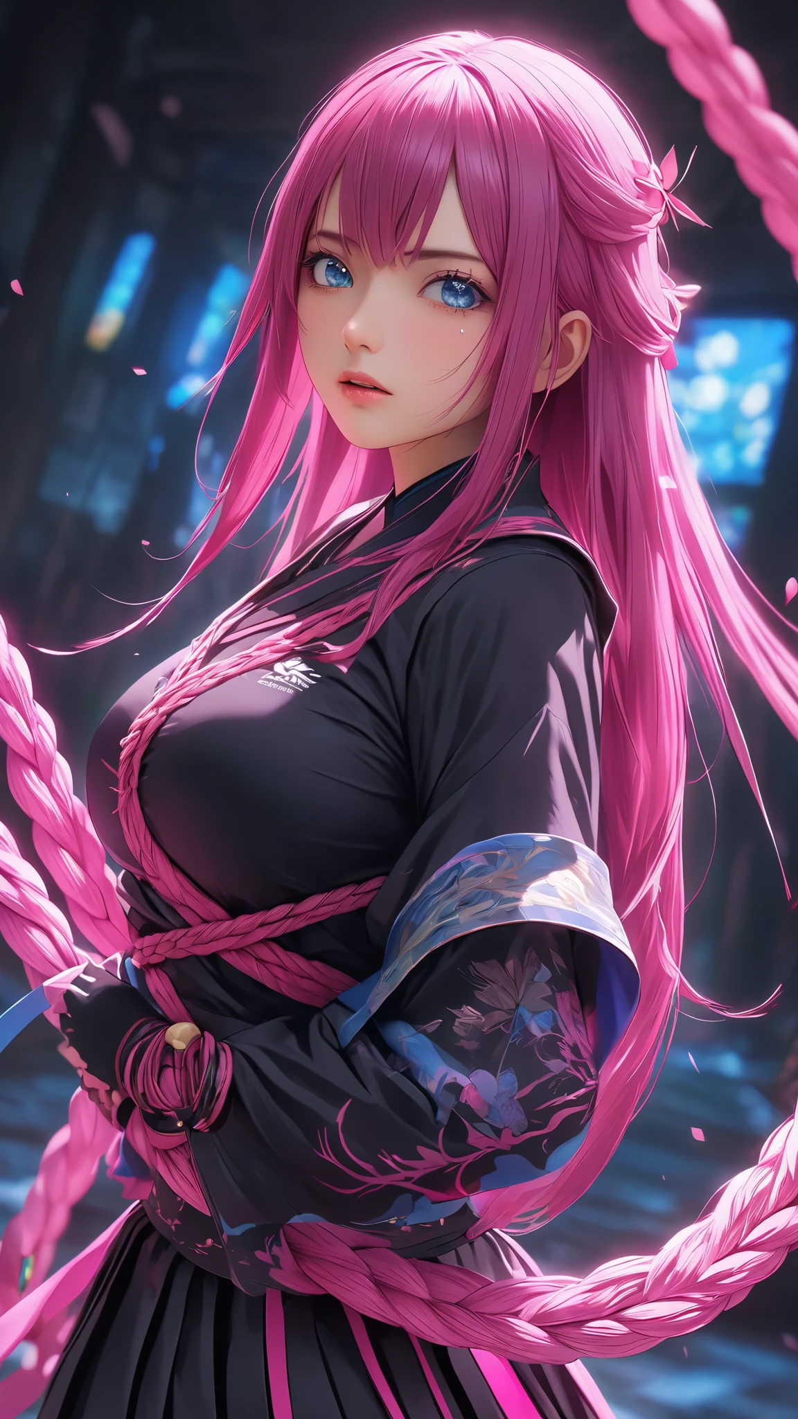  Masterpiece、 high quality、 Hi-Res、 Hi-Res、 portrait、 girl、A ninja in pink clothes with long sleeves、 beauty、Beauty、 skirt by humili、  beautiful face、 Detailsな Details、 Absurd Details, best light,  sharp,  sharp image, ultimate, Details, extremely  Details、 Particle Effect , Beautiful Effects,  vibrant colors,  neon 、 Bondage 、超A high resolution 、 octane rendering 、 portrait、 realistic textured face and skin、 perfect anatomy、 CGSoation Trends 、 SLR during homework、Original photo、 photorealistic:1.4、Super big butt:1.2、 super huge breasts :1.8、skeletal shibari :1.2、Extra Thick Rope 、 close-up、 attached、torture:1.2、Punishment、 crying face、tears、Realistic 3D CGI 、 Realistic Digital Art、 realistic face:1.5、Fractal Background、Blue Gus 、 beautiful face、 Cross 、