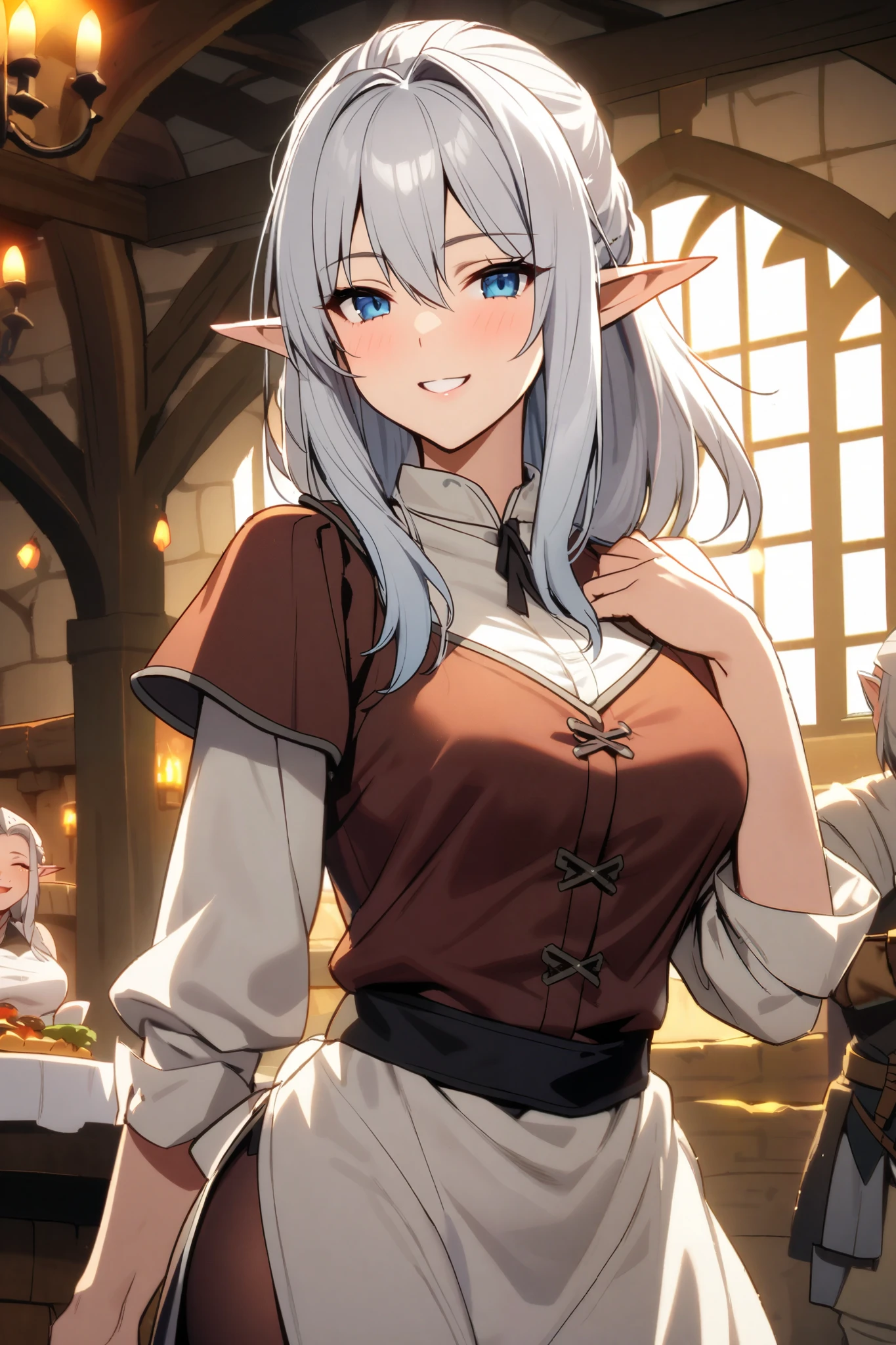 tavern room, on bed, inn, smile, Smiling, solo, 1girl, soft smile, slender figure, slim, young girl, short height, full cheeks, skinny, short height, Sexy, Beautiful composition, the trees, beatiful face, handsome body (Body Full 1.1.), Beautiful figure, in full height (Body Full 1.1.), closed mouth, tongue out, Digital Art, sexypose, beautiful breasts, small-sized breasts, High Elf Knight(Body Full 1.1) elf, (Dark Blue eyes:1.5), white hair, long hair, braid on hair, silver hair, Knight, Beautiful figure, beautiful breasts, (Fullness of the body.1,1) silver hair, Hair between the eyes, hairlong, straight hair, pointed ears, long ears, side locks, bangs, Asymmetrical Clothing, elf, (Masterpiece:1.2), Best Quality, High Resolution, Unity 8k Wallpaper, (illustration:0.8), (beautiful detail eyes:1.6), extremely detailed face, perfect lighting, extremely detailed CGI, (perfect arms, perfect anatomy), epic composition, plate armor, knight armor, spear in hand, hair braid on head, braid, tress, tress on head, golden spear, looking at viewer, necklace, cleavage
