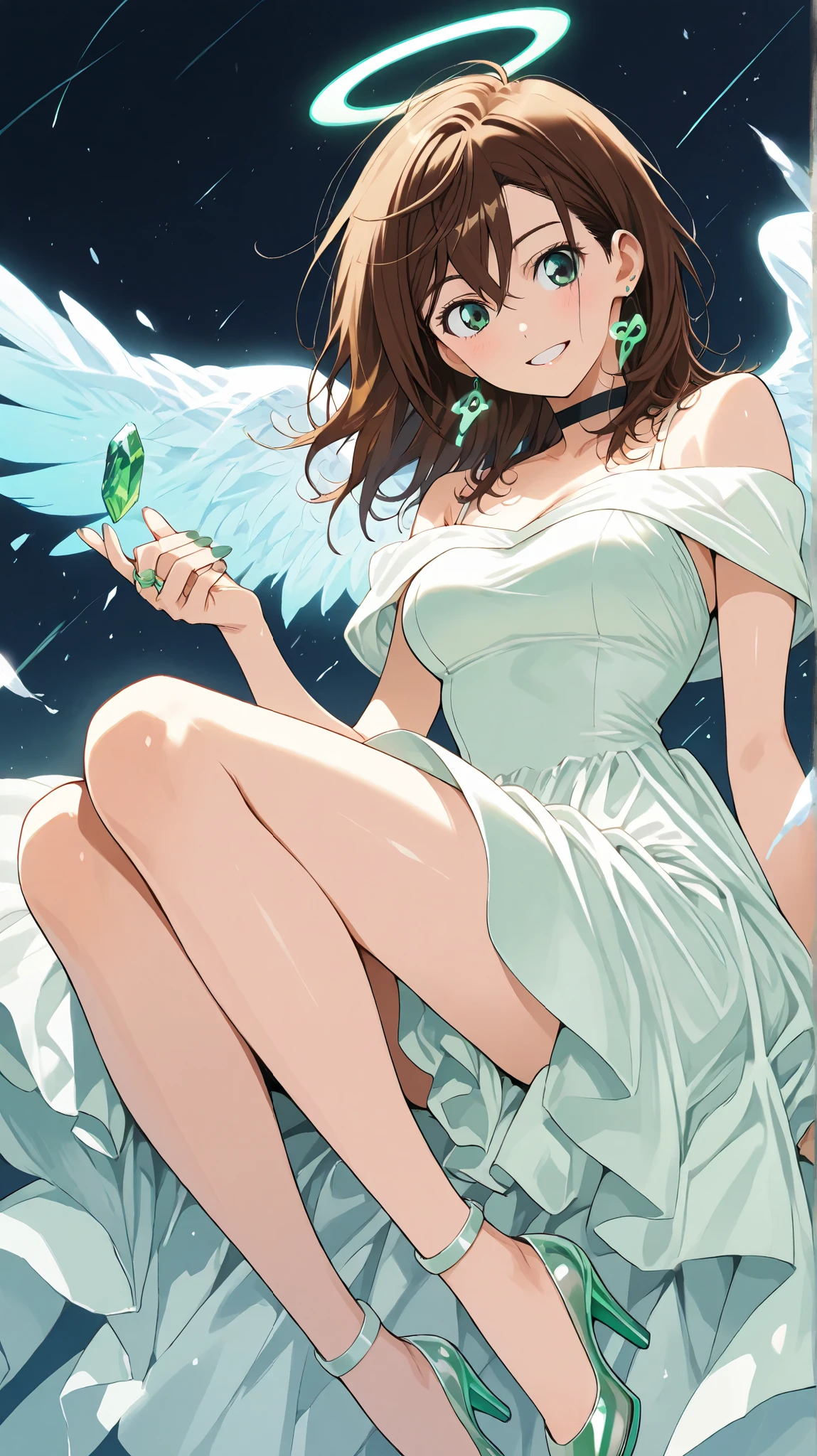 1 girl, Momo Ayase, anime DandaDan, masterpiece, beautiful girl, brown hair, medium hair, hair between eyes, green earrings, black choker, green nails, perfect body, elegant dress, bare shoulders, bare feet, shredded, firm legs, high heels, transparent white stockings, spectral form, angel halo, cute rings, glowing neon green , blue , emerald colors , floating, shiny eyes, looking at the viewer, enjoying the moment, relaxed, mini okarun plush on the ground,