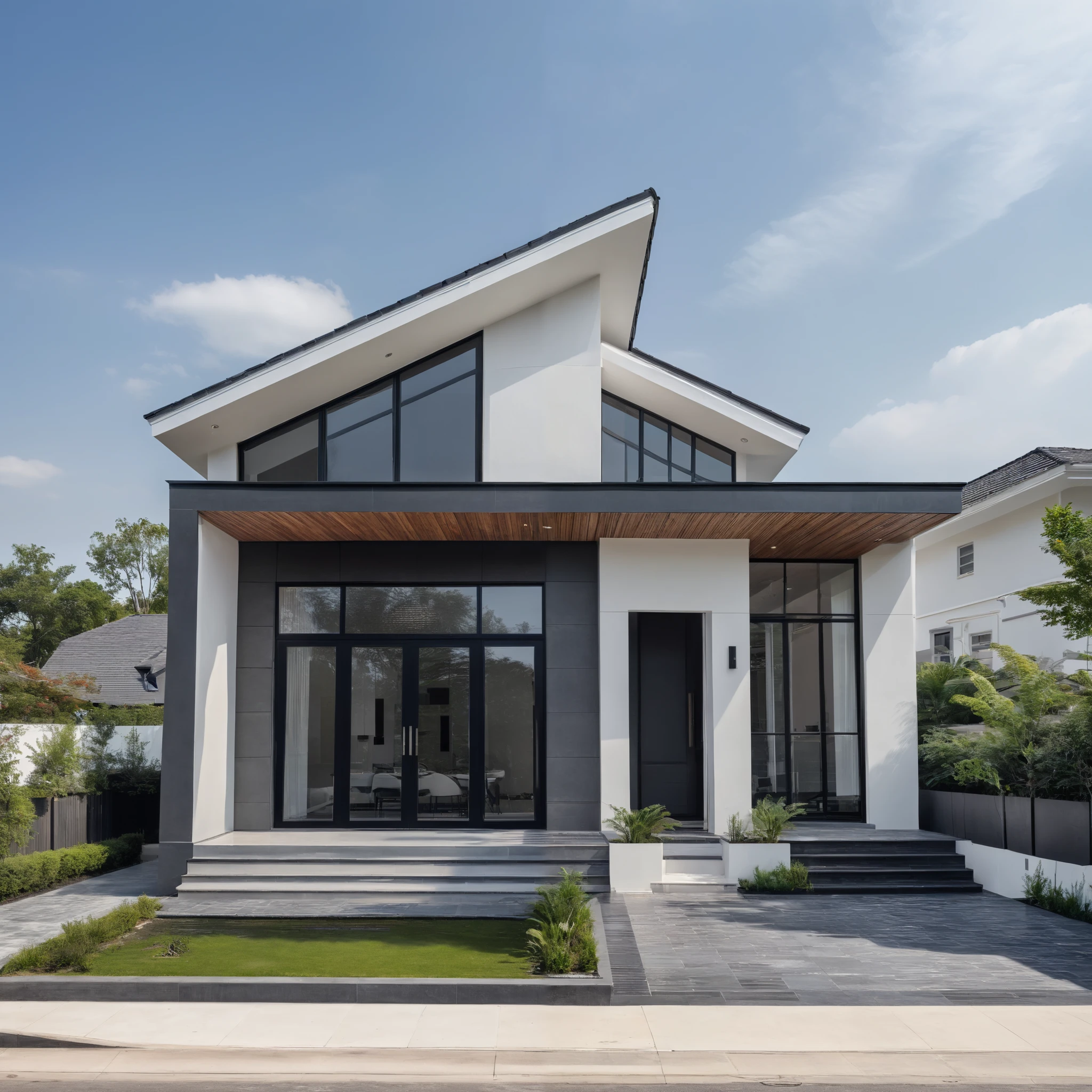 (masterpiece:1.2), best quality, photo of A two-story modern house with white walls and dark tiles on the roof, tree and plant, streetcapes, natural light, The exterior of an elegant single family home features large windows, a dark gray door frame.