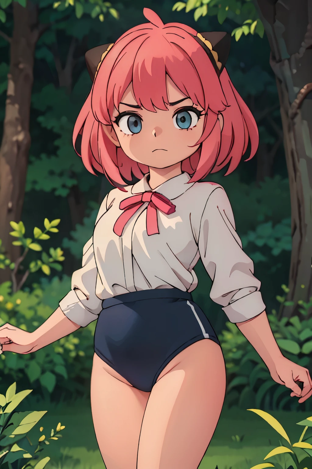 (masterpiece, highest quality), 1 girl, beautiful face, beautiful body,  wearing a Black gymnastics bloomers, High leg、white blouse,    cowboy shot、Are standing、full body portrait、alone, complex details, enlarged textures, complex details, finely detailed eyes and detailed face, intricate details, (closed mouth), perfect eyes, equal eyes, perfect body, extremely detailed, (), extremely realistic 3d,In a dark forest、 pink hair 