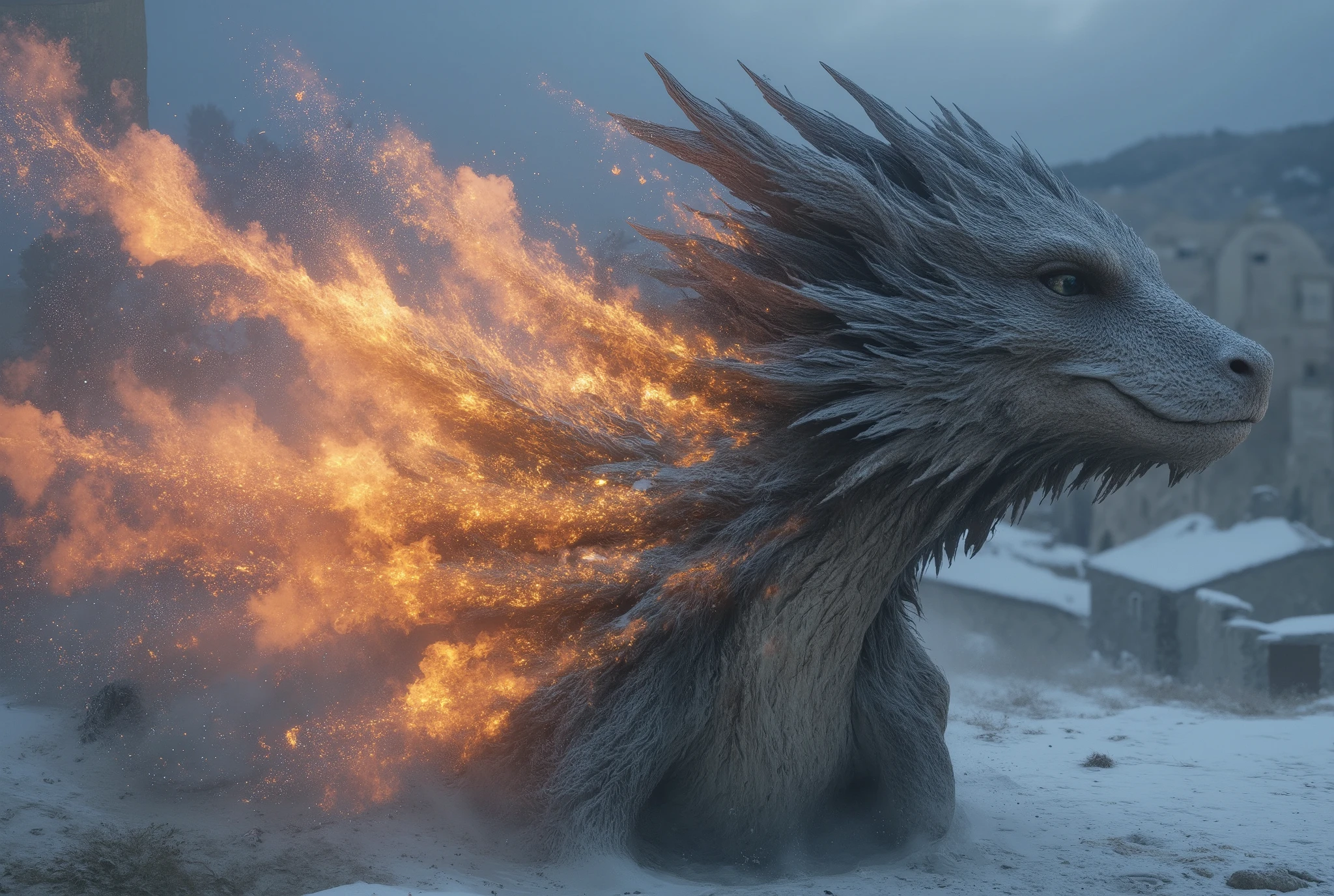 A dragon with chiseled features, lit by the cold, bluish light of a winter evening in sassi_di_matera. The left side of the beast dissolves in a ral-dissolve effect into geometric shards of flaming crystals and faint red-gold mist. the deep-set eyes remain vivid and contemplative, contrasting with the surreal transition of the skin and features breaking apart into fire-like patterns. long flaming patterns go outside field of view. snow on the roofs of blurred background houses. ((dragon's paws destroy houses)). (top view:1.8.