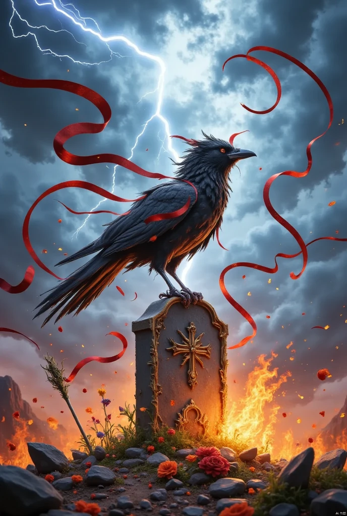 a phoenix bird with blue fire feathers with blue sparks and very large red fire feathers with sparks coming out of the wings. holding a skull with its claws. In a cement yard with crosses, tombs and skulls, horror movie style. Realistic photography. catching fire and lightning and ralampagos. 3D