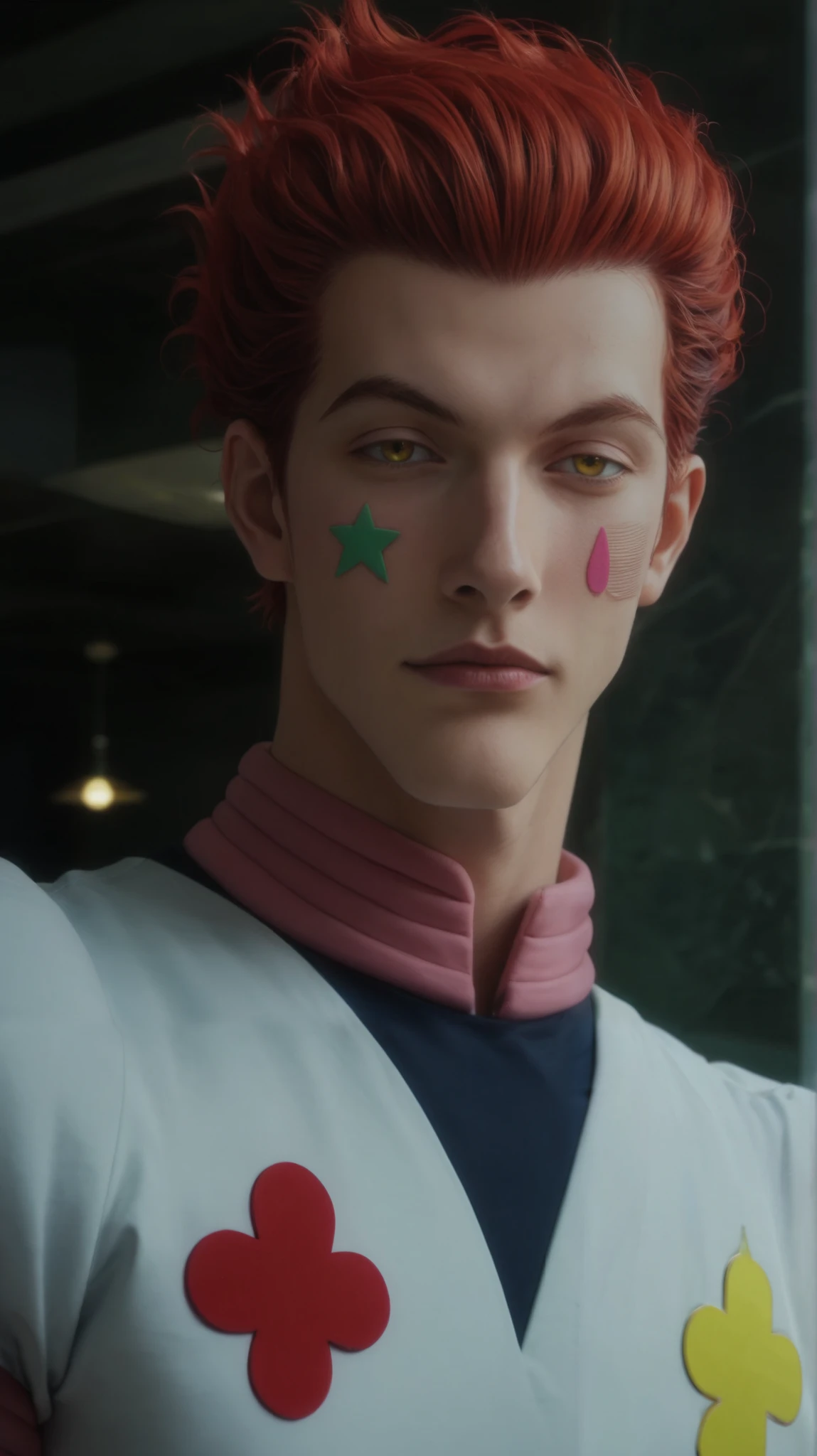 score_9, score_8_up, score_7_up, source_anime, rating_safe, , anime screencap, , official style, , , 1boy, solo, male focus, hisoka_morow, red hair, yellow eyes, facial mark, star (symbol), straight-on, ayers rock, indoors, light, pose, relaxed, comic book character costume,