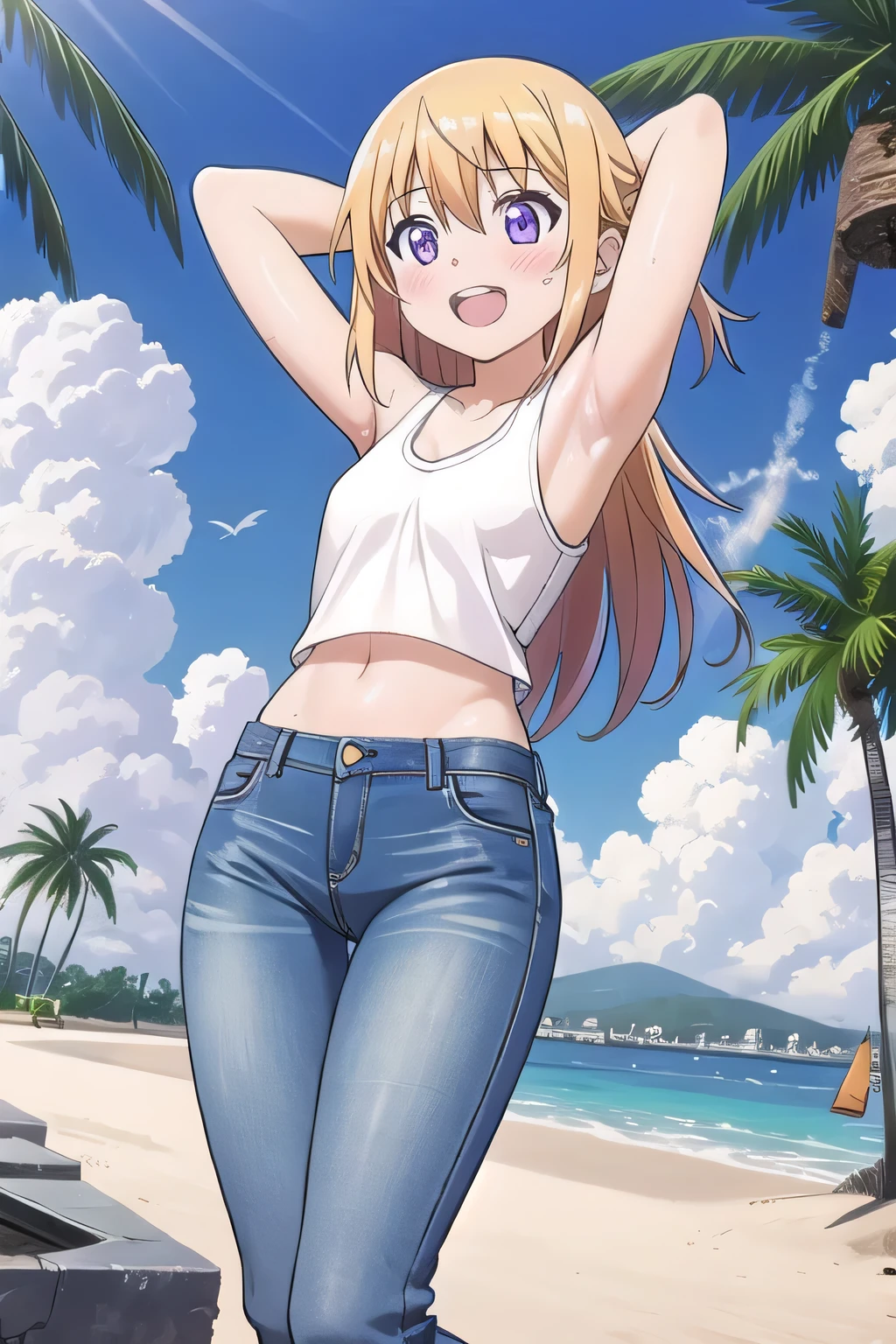 masterpiece,best quality,ultra detail, ((Perfect Face, Perfect Arms, Perfect hands, Perfect Fingers)), 1girl, , peti ((round face, ecstasy, orgasm face, drooping eyes, shame smiling, blush)), dropping eyes, sleepy, Open mouth, ((White teeth)), background((under the beach, (day:1.2), palm tree, bright sky)), charlotte dunois, long hair, blonde hair, (purple eyes:1.1), ((arms behind head:1.4)), (Show the armpits:1.28), contrapposto, spread armpits, looking at viewer,, (white tank top:1.2), (white crop top:1.2), (jeans pants:1.2, flares jeans:1.2, skinny jeans:1.2, blue jeans:1.2), standing, (legs spread:1.28), sex pose, Sweaty crotch, Steam from the crotch, from below, (whole body:1.4)