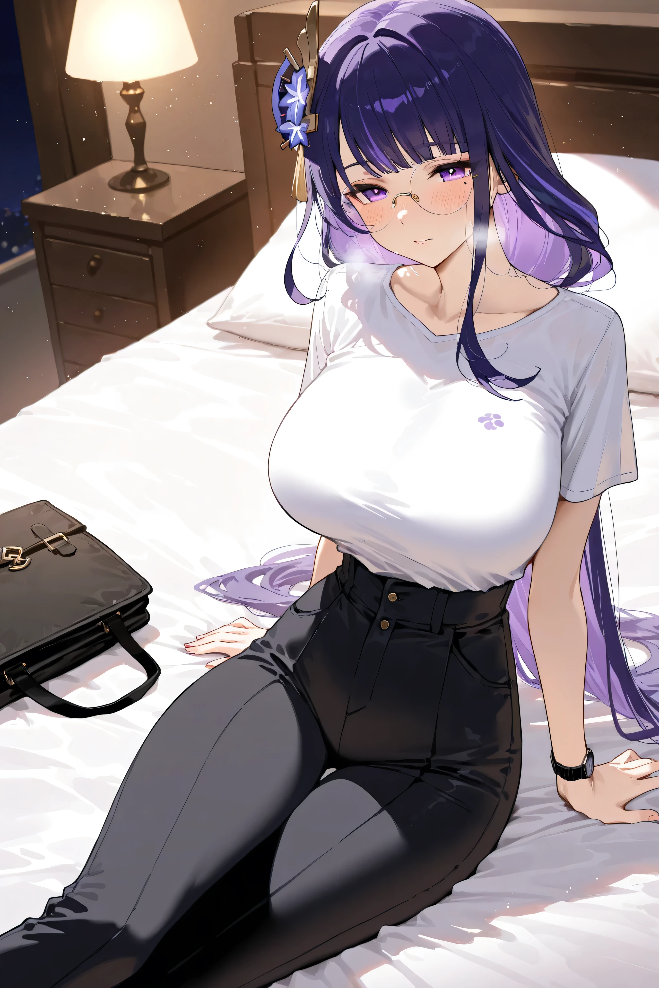 score_9, score_8_up, score_7_up, masterpiece, best quality, very aesthetic, absurdres, tunning image, light particles, attractive image, solo, 1girl, adult grown woman, raiden shogun (genshin impact), long hair, mole, mole under eye, purple eyes, purple hair, blush, heavy breathing, masterpiece,best quality,amazing quality, 5 fingers, siiting on bed, night time, alternate costume, An anime character dressed in a Minimalist Urban Chic outfit, wearing an oversized charcoal gray blazer with a sleek, tailored fit, layered over a fitted white T-shirt tucked into high-waisted black wide-leg pants. while a classic leather wristwatch and a simple canvas tote bag add a refined touch. With thin round glasses resting on their nose,