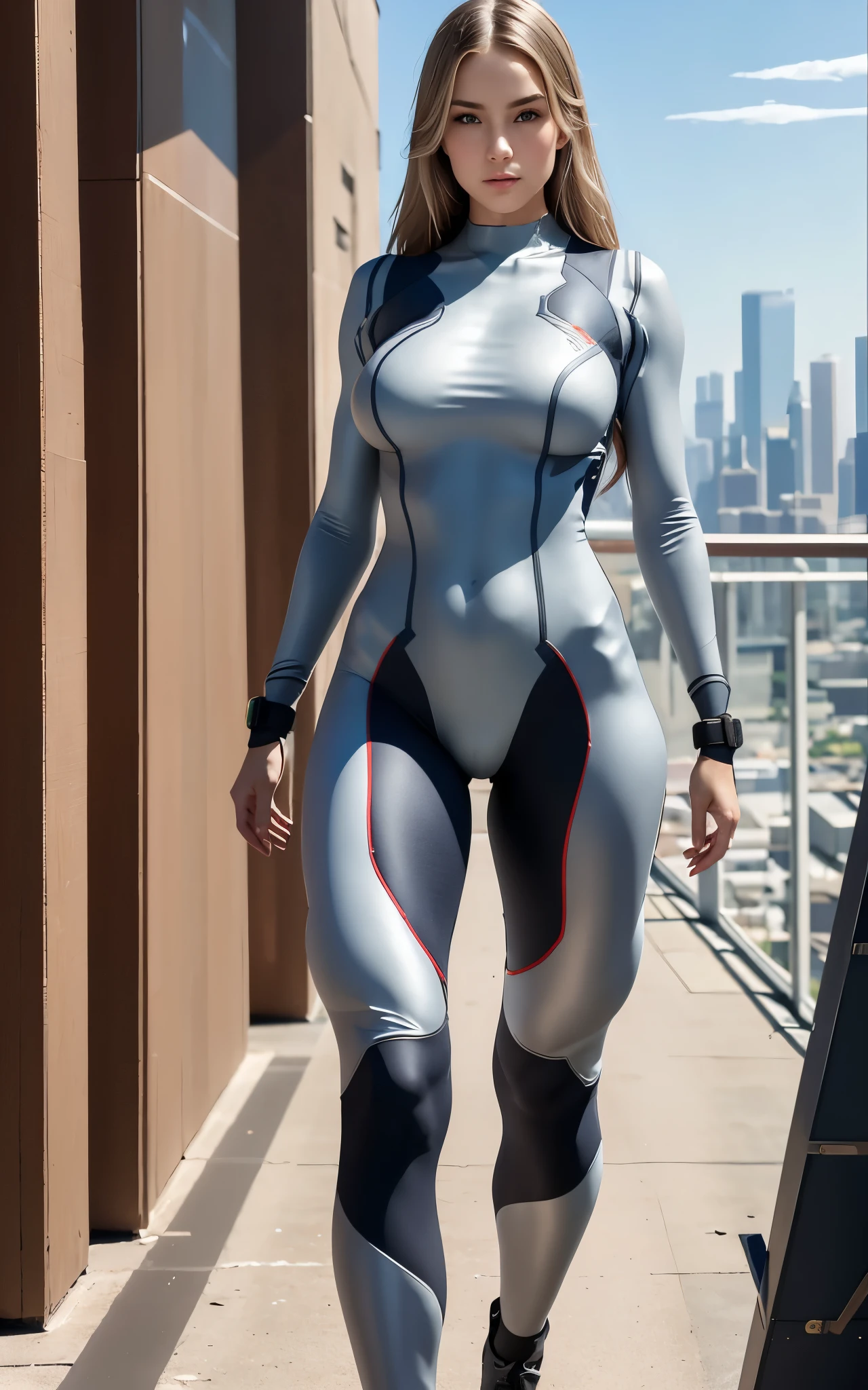 ((masterpiece, 8K, 3D, Realistic, Super Detail)), (1girl:1.3), slender 17 age, Ultra Micro photography, Super realistic, Perfect face, Beautiful features, ((Perfect female body)) Beautiful features, ( body), ((small hips)), pale white skin, Melissa Benoist as Asuka test Red Plugsuit, ((Exposed thigh)), Exposed Skin, Front Full body Shot, full body portrait, futuristic city background
