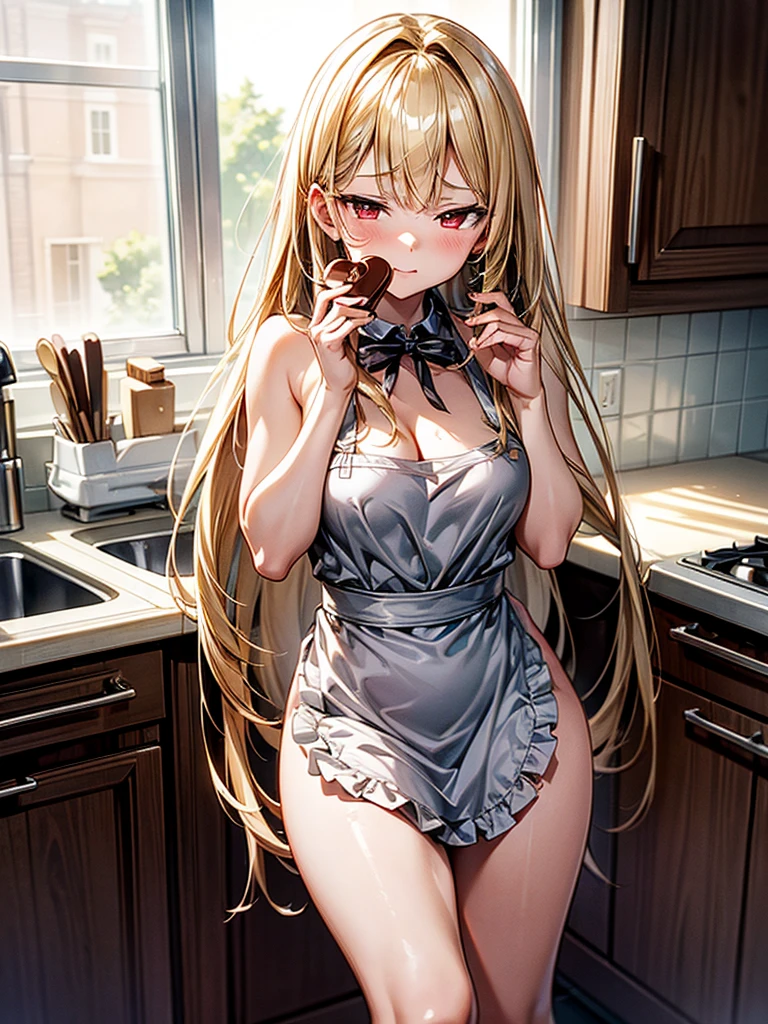 Highest Resolution,Highest quality,A beautiful girl with a crying face drinking a glass of water in a  apron,kitchen,Tears,Open your mouth and drool,whole body,front,Sweat profusely,Beautiful eyes,Lots of saliva,