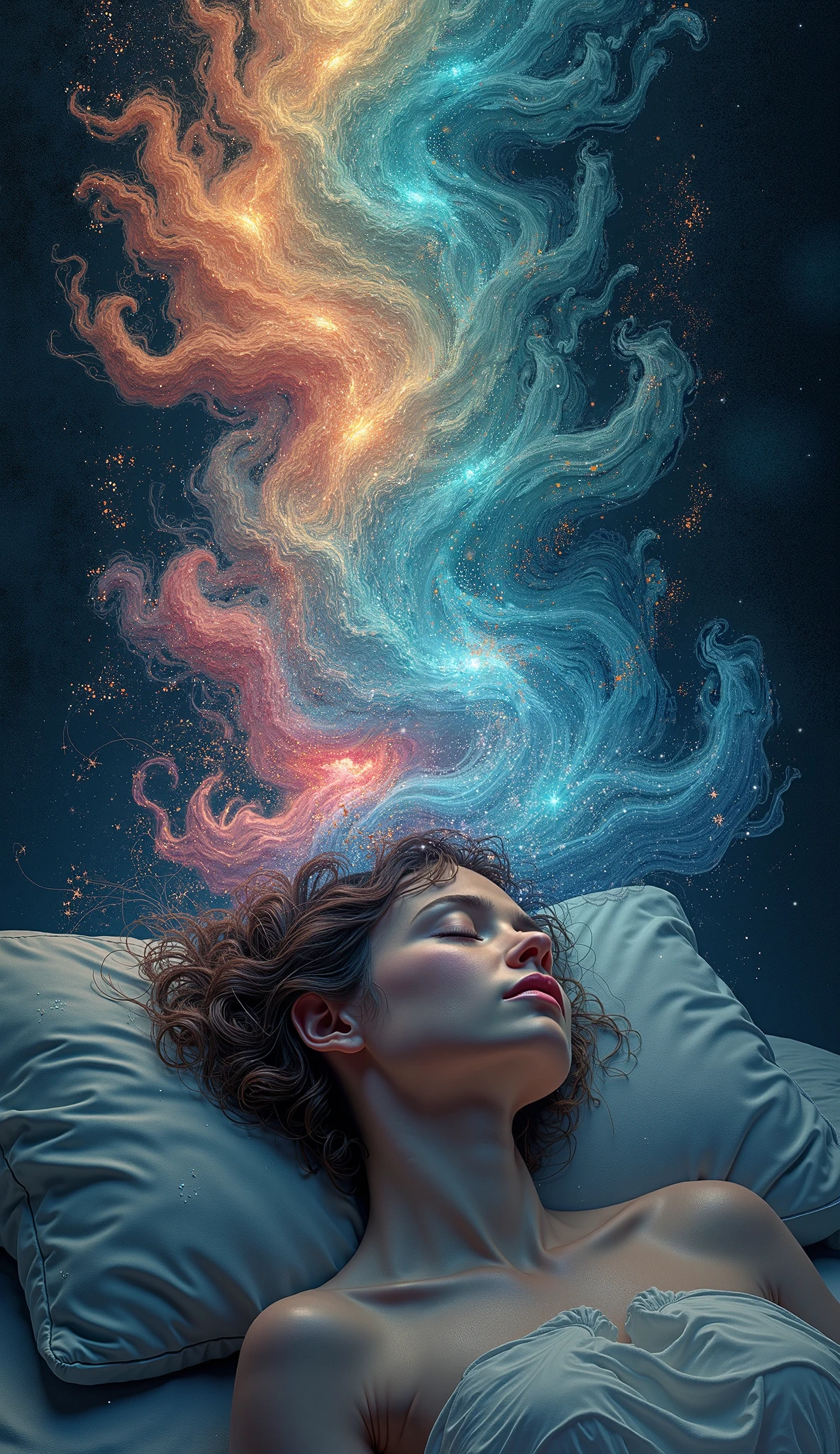 a cabin in space, black haired person sleeping, spiritual projection, spiritual dimension, aura energy, celestial light, person flying in the starry sky, universe, light golden, (best quality,4k,8k,highres,masterpiece:1.2),ultra-detailed,(realistic,photorealistic,photo-realistic:1.37),concept art,dramatic lighting,ethereal,cinematic,mystical,glowing aura,cosmic,surreal,intricate details,ambient occlusion,volumetric lighting