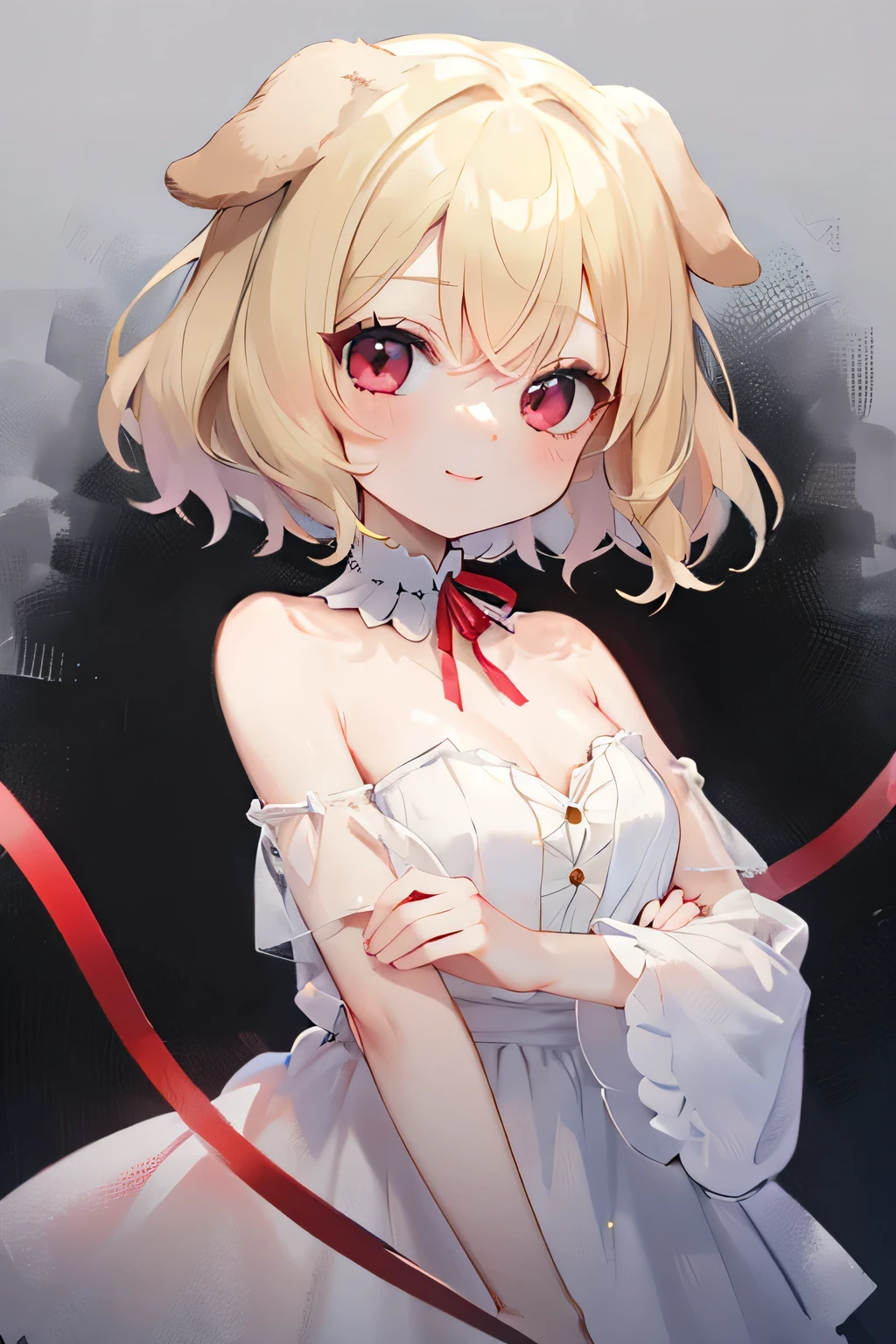   droopy eyes ,  top quality,   perfect face ,   Perfect Eyes,  Tiny  ,   medium cut hair full of fresh cream , curly hair,  Gold,red eyes,Dog Ears、 dazzling smile、 red ribbon、 white dress、