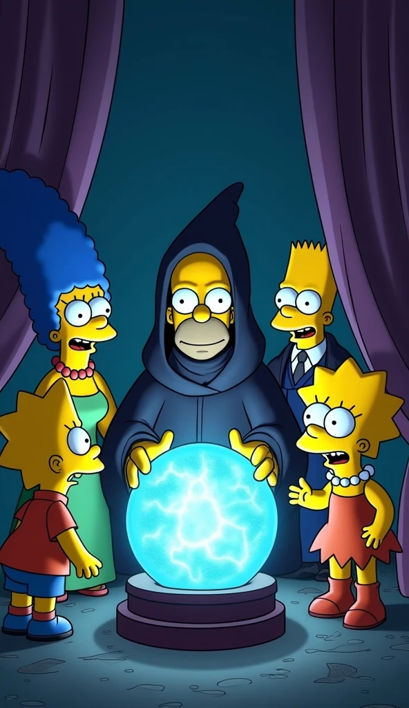 A mysterious and atmospheric scene featuring the entire Simpson family gathered around a glowing crystal ball, drawn in The Simpsons signature art style. The room is dimly lit, with eerie blue and purple hues casting shadows on their faces. Marge, Bart, Lisa, and Maggie watch in awe as Homer, dressed like a fortune teller with a dark robe and a headscarf, places his hands over the crystal ball. Inside the ball, faint, ghostly images of strange future events appear, swirling in a misty glow. Their expressions range from shock and curiosity to fear and excitement, enhancing the supernatural and humorous vibe of the scene