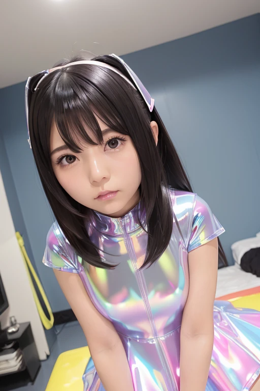 8k, High resolution, Very detailed, masterpiece, highest quality,(10歳のIdol:1.5)、Facial expressions like in the photo、日本people々々々の女の子1people々々々、 (Ultra shiny metallic silver latex nurse uniform:1.3), 、The arms are bare skin、Accurate finger painting、Ultra tight sheer metallic silver latex nurse uniform、A normal girl、(Photographed in the operating room:1.4)、Perfectly bright lighting、Super tight metallic silver nurse uniform、Short ponytail hairstyle、Hair color is black、Beautiful black hair、10 year oldBody Shot、rounded jaw contour,,,,,,、(Cute face without makeup:1.3)、people々々々々Make you smile、(Very short skirt:1.3)、Super tight silhouette、Idol、Nurse uniforms are monochromatic。、Small breasts、Small Bust,Full body photo shiny metal, Silver, Chrome's Outfit, 洗練されたグラビアIdol, Flashy silver nurse uniform, Shiny metallic, Glossy silver, Glowing White Skin, Shiny glossy reflection, Sexy Dress, 若手グラビアIdol, 若くて痩せたグラビアIdol, Tight nurse uniform