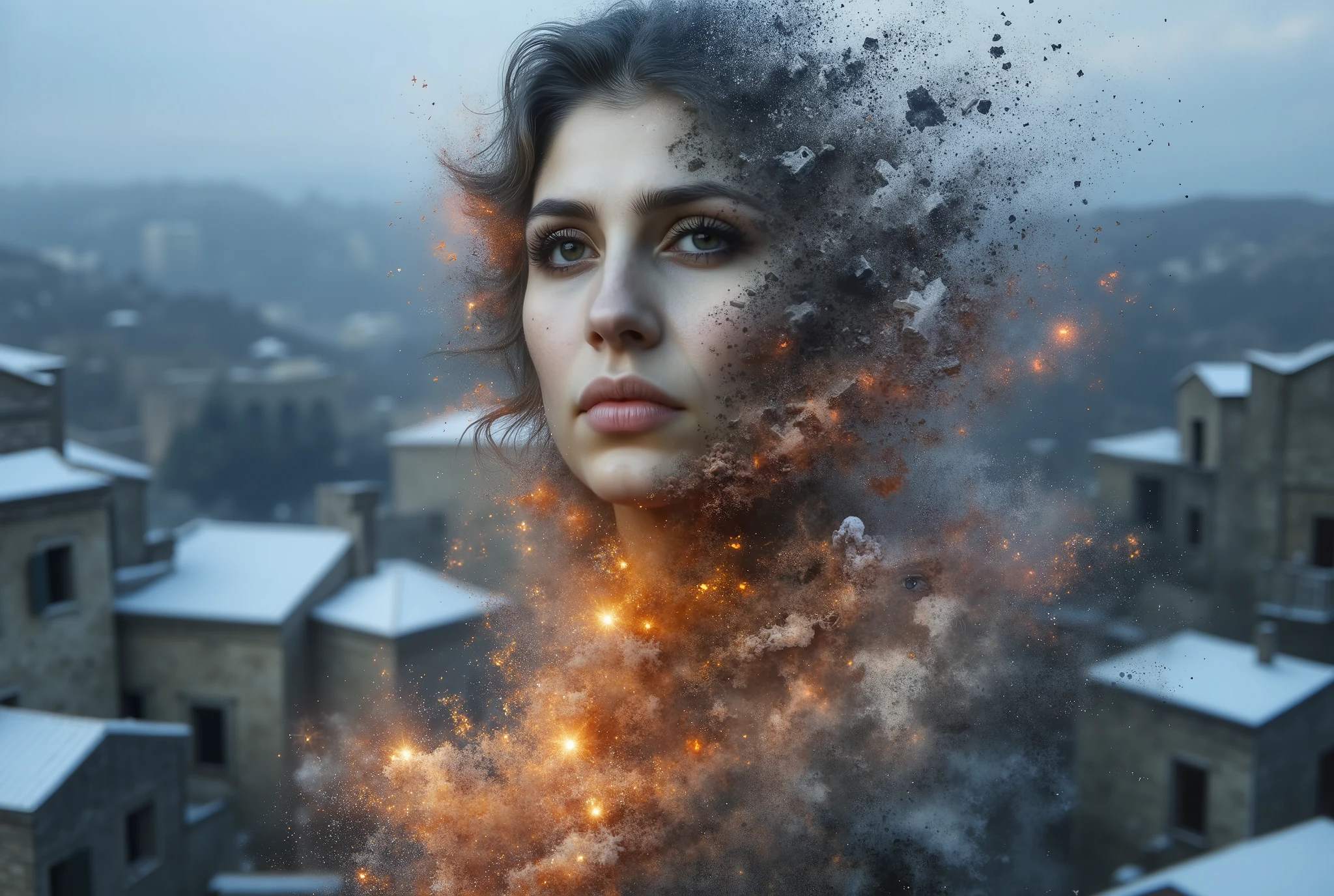 A close-up of a woman's face with chiseled features, lit by the cold, bluish light of a winter evening in sassi_di_matera. The left side of her face dissolves in a ral-dissolve effect into geometric shards of flaming crystals and faint red-gold mist. her deep-set eyes remain vivid and contemplative, contrasting with the surreal transition of her skin and features breaking apart into fire-like patterns. long flaming patterns go outside field of view. snow on the roofs of blurred background houses.