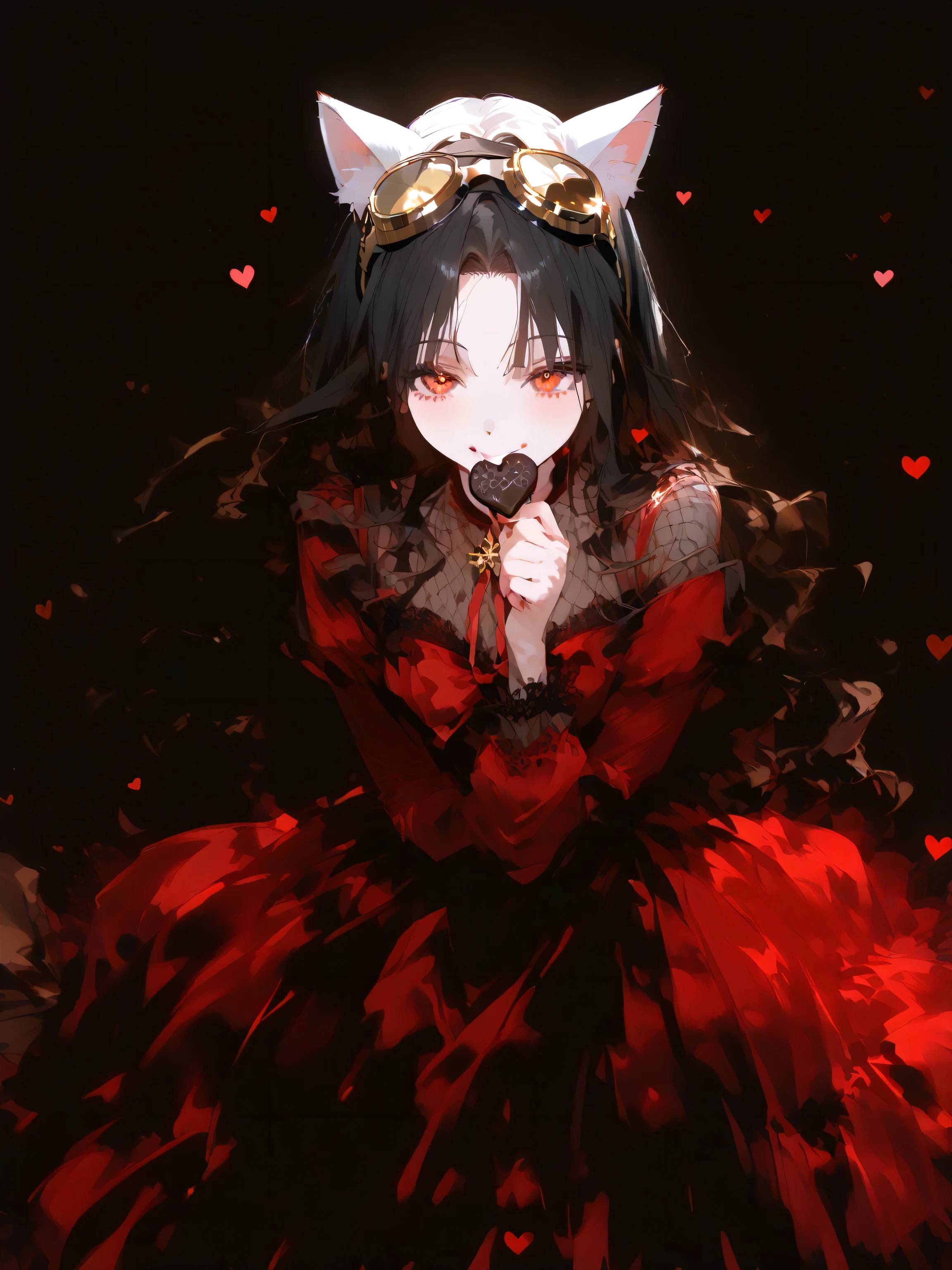 1girl , (Happy Valentine’s Day :1.1), Traditional media, thick outline, has mature dignity and strength 、 creates Valentine's Day chocolate with a flick of the arm、That momentum creates heart-shaped chocolate that looks delicious。What are the characters and backgrounds drawn in detail、 lyrical power and Combining elegant beauty 、 The outline of a sparkling hologram shines brightly 。Crimson Eyes reflect the hidden love of a heart、 style make its presence stand out even more。
(Goggles and cat ears , WOMEN AROUND THE WORLD ALWAYS WEAR GOGGLES AND CAT EARS , she is cutting-edge WEAR GOLD GOGGLES :1.2).
futuristic gold goggles and cat ear accessories make the long jet black hair dancing in the 、 symbolizes individuality and refined strength 、 has a visual impact 。
( beautiful, straight, jet black long hair , red eyes:1.2).The well-worn black military uniform and red skirt are characteristic、Fishnet tights effectively express femininity。 with lovely gentle expressions and heart effects。I'm sticking out my tongue to lick chocolate。
background:( girlfriend engraved on the surface of chocolate。White chocolate and dark chocolate two-tone coloring:1.3), heart shaped chocolate