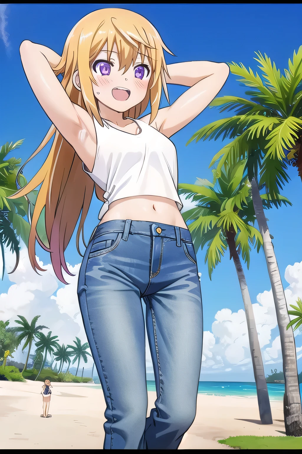 masterpiece,best quality,ultra detail, 1girl, , petite, ((round face, ecstasy, orgasm face, drooping eyes, shame smiling, blush)), dropping eyes, sleepy, Open mouth, ((White teeth)), background((under the beach, (day:1.2), palm tree, bright sky)), charlotte dunois, long hair, blonde hair, (purple eyes:1.1), ((arms behind head:1.4)), ((Show the armpits:1.28)), contrapposto, spread armpits, looking at viewer,, (white tank top:1.2), (white crop top:1.2), (jeans pants:1.2, flares jeans:1.2, skinny jeans:1.2, blue jeans:1.2), standing, (legs spread:1.28), sex pose, Sweaty crotch, Steam from the crotch, from below, ((full medium body))