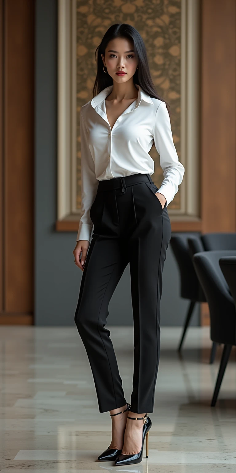 (((full image:1.5, show full body, standing:1.8, facing viewer, the front body facing directly to the front of camera, show body from head to toe))), huge breast:1.5, tall body, slim body:1.1, fit body, abdominal muscle:1.5, pale skin, short hair with updo, ((standing)), a woman wearing long sleeves shirt, wearing short pants, show boots heels. High quality:1.3, Professional lighting:2.0, realistic:1.2, 4k resolution, detailed skin, finely detail, masterpiece:1.1, centered image, indoor at studio.