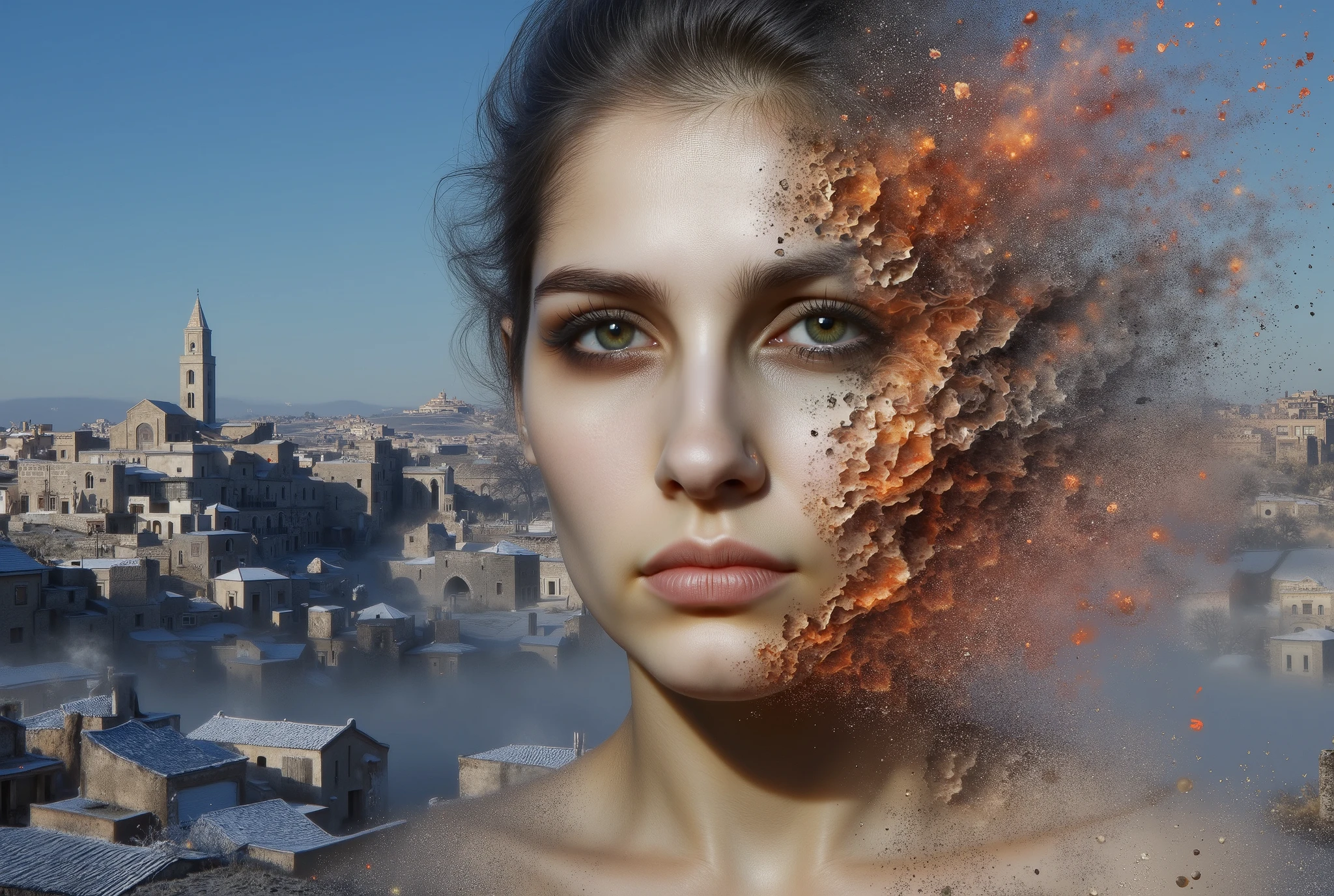 A close-up of a woman's face with chiseled features, lit by the cold, bluish light of a winter evening in sassi_di_matera. The left side of her face dissolves in a ral-dissolve effect into geometric shards of flaming crystals and faint red-gold mist. her deep-set eyes remain vivid and contemplative, contrasting with the surreal transition of her skin and features breaking apart into fire-like patterns. long flaming patterns go outside field of view. snow on the roofs of blurred background houses.