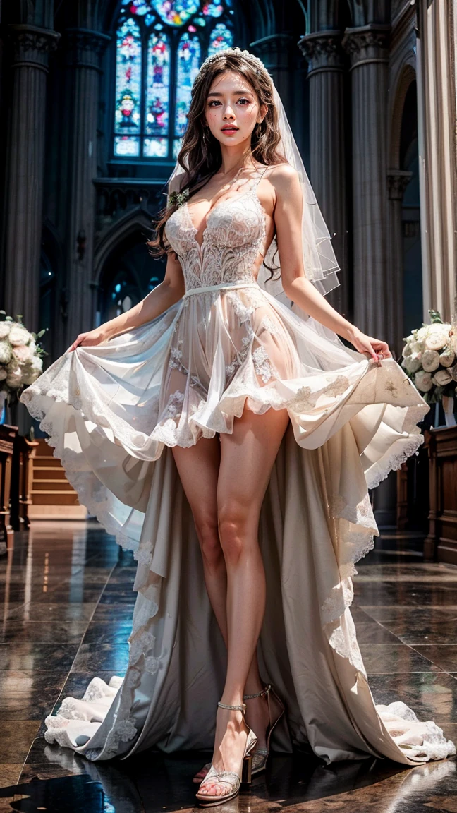 (8k、RAW Photos、highest quality、masterpiece:1.2)、(Realistic、Photorealistic)、1 girl、((Wedding dress、Big Breasts、I can see your chest、View from the front、See-through、boots、Stand with hands on hips、In the city))、