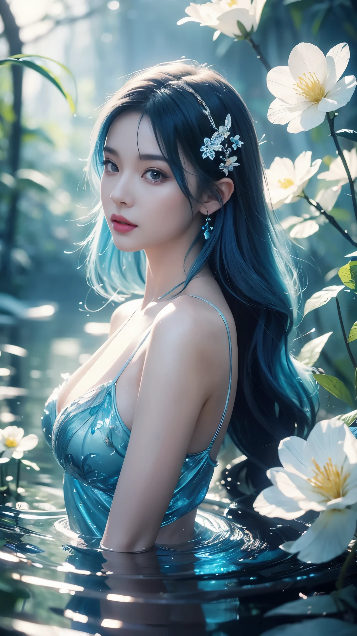 beauty with blue hair and flowers floating in water, beautiful beauty, beautiful digital illustration, beautiful artwork illustration, beautiful digital artwork, beautiful gorgeous digital art, beautiful digital art, asian female water element, gorgeous digital art, very beautiful digital art, close up fantasy with water magic, beautiful fantasy art, beautiful digital painting, beautiful digital illustration, gorgeous digital painting