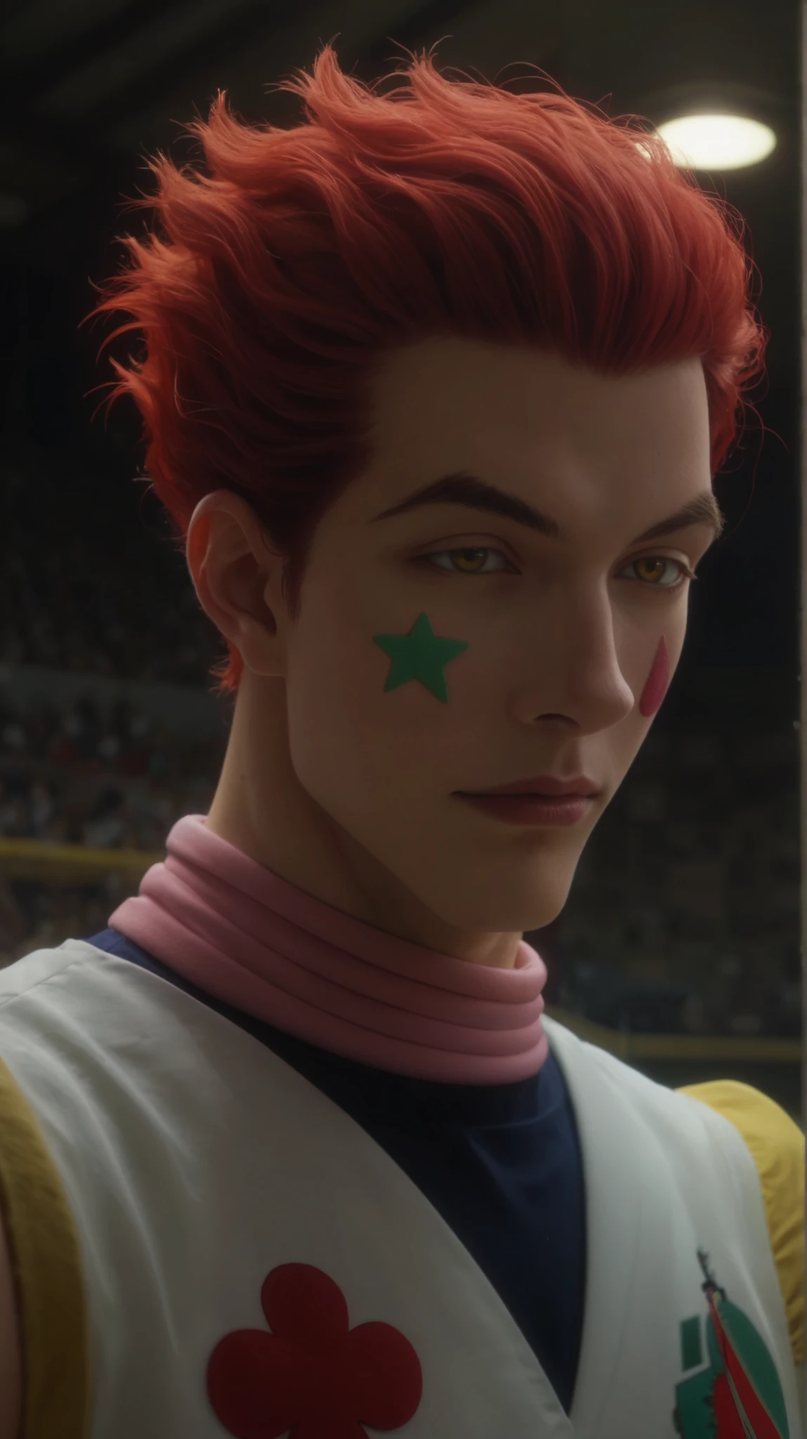 score_9, score_8_up, score_7_up, source_anime, rating_safe, , anime screencap, , official style, , , 1boy, solo, male focus, hisoka_morow, red hair, yellow eyes, facial mark, star (symbol), straight-on, ayers rock, indoors, light, pose, relaxed, comic book character costume, , background is a circus
