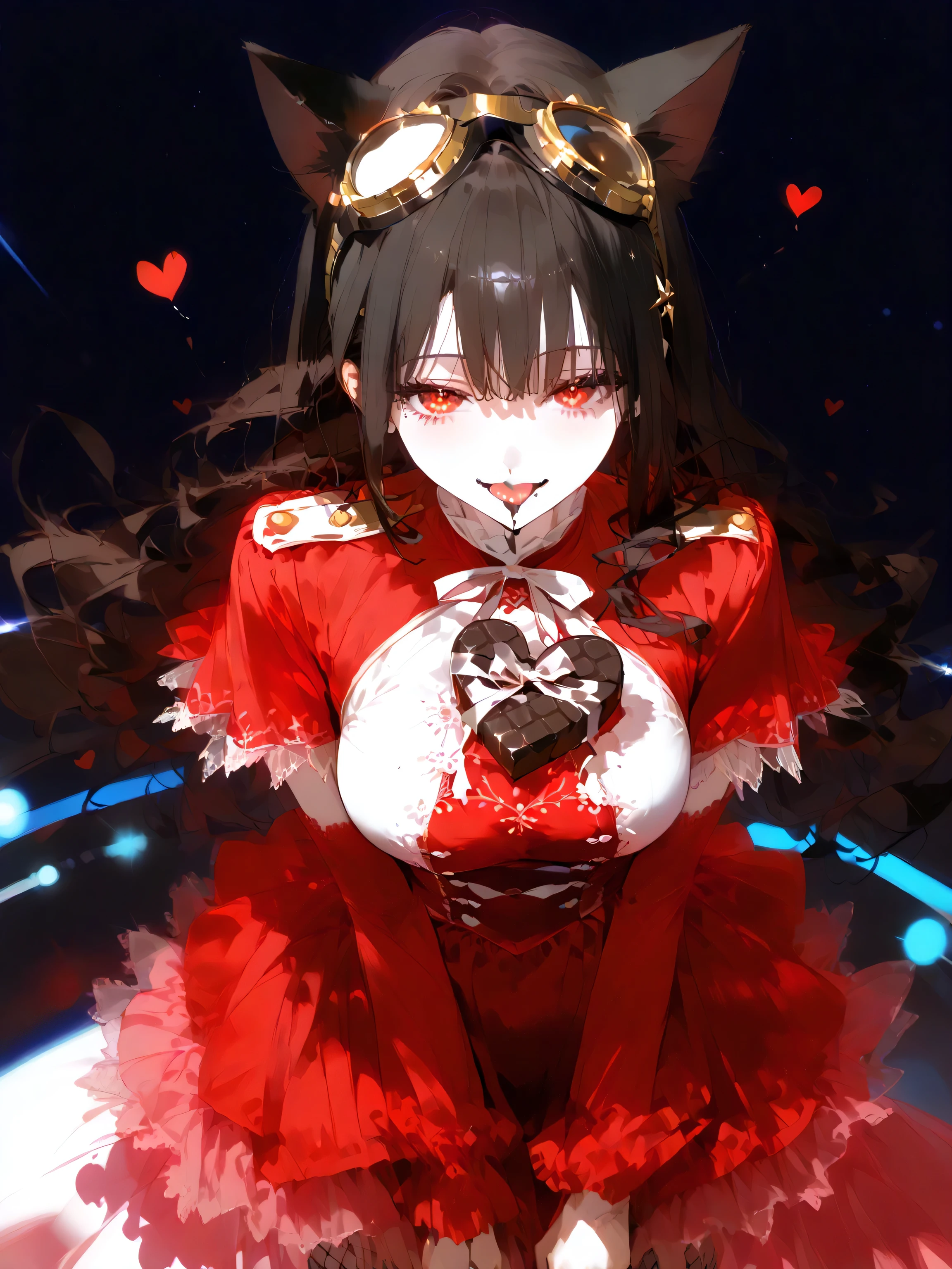   1girl  , (Happy Valentine’s Day :1.1), Traditional media,  thick outline,  has mature dignity and strength 、 creates Valentine's Day chocolate with a flick of the arm、That momentum creates heart-shaped chocolate that looks delicious。What are the characters and backgrounds drawn in detail、 lyrical power and Combining elegant beauty 、 The outline of a sparkling hologram shines brightly 。Crimson Eyes reflect the hidden love of a heart、 style make its presence stand out even more。

(Goggles and cat ears ,  WOMEN AROUND THE WORLD ALWAYS WEAR GOGGLES AND CAT EARS ,  she is cutting-edge WEAR GOLD GOGGLES :1.2).
 futuristic gold goggles and cat ear accessories make the long jet black hair dancing in the 、 symbolizes individuality and refined strength 、 has a visual impact 。

( beautiful, straight, jet black long hair ,  red eyes:1.2).The well-worn black military uniform and red skirt are characteristic、Fishnet tights effectively express femininity。 with lovely gentle expressions and heart effects。I'm sticking out my tongue to lick chocolate。

background:( girlfriend engraved on the surface of chocolate。White chocolate and dark chocolate two-tone coloring:1.3), heart shaped chocolate 