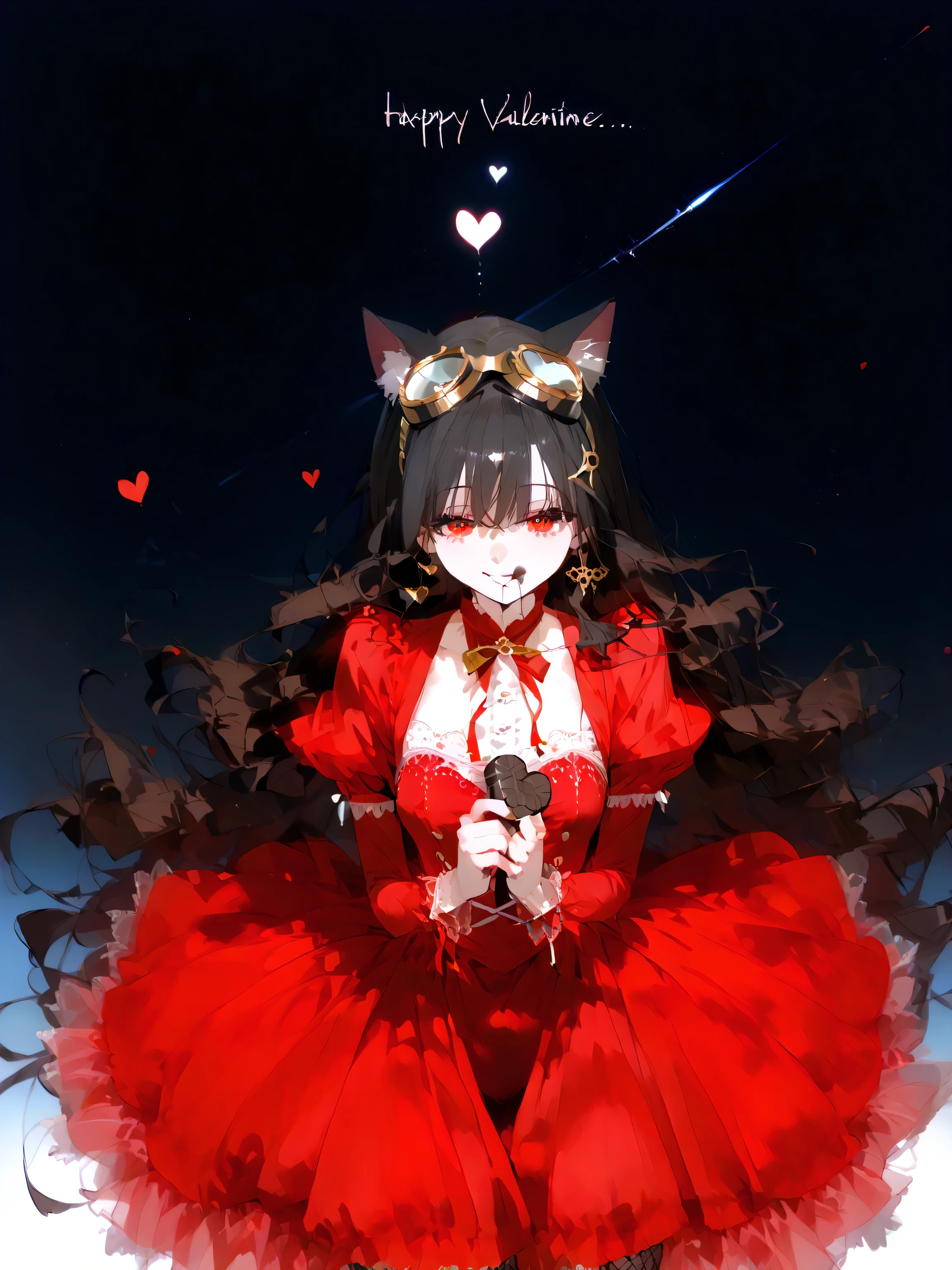 1girl , (Happy Valentine’s Day :1.1), Traditional media, thick outline, has mature dignity and strength 、 creates Valentine's Day chocolate with a flick of the arm、That momentum creates heart-shaped chocolate that looks delicious。What are the characters and backgrounds drawn in detail、 lyrical power and Combining elegant beauty 、 The outline of a sparkling hologram shines brightly 。Crimson Eyes reflect the hidden love of a heart、 style make its presence stand out even more。
(Goggles and cat ears , WOMEN AROUND THE WORLD ALWAYS WEAR GOGGLES AND CAT EARS , she is cutting-edge WEAR GOLD GOGGLES :1.2).
futuristic gold goggles and cat ear accessories make the long jet black hair dancing in the 、 symbolizes individuality and refined strength 、 has a visual impact 。
( beautiful, straight, jet black long hair , red eyes:1.2).The well-worn black military uniform and red skirt are characteristic、Fishnet tights effectively express femininity。 with lovely gentle expressions and heart effects。I'm sticking out my tongue to lick chocolate。
background:( girlfriend engraved on the surface of chocolate。White chocolate and dark chocolate two-tone coloring:1.3), heart shaped chocolate