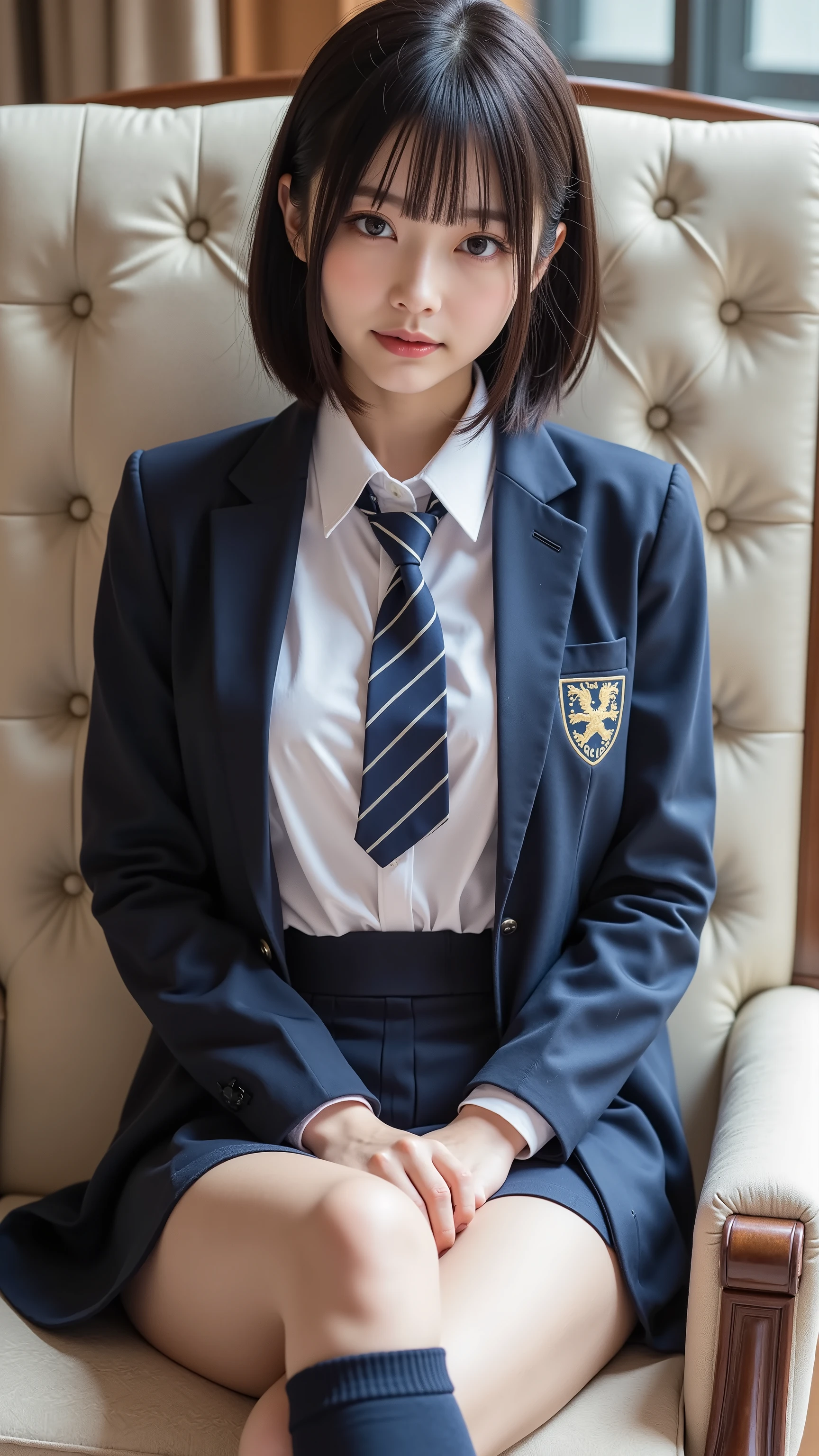 nsfw, Korean Idols, Nogizaka idol,actress, gravure idol, (8k, RAW Photo, top quality, masterpiece:1.2), masterpiece, top quality, shape, very well detailed, Fine details, Hi-Res, 8k, wallpaper, perfect dynamic composition,(Detailed and high quality , realistic eye depiction:1.3), (( in the seat, One high )), in the background is a luxury hotel room 、 uniform、 blazer 、 。超ショートチェックuniformスカート 、 navy blue knee-high socks、 garter belt、Huge 、Disheveled uniform, Play with each other, Touching each other's bodies , Touching the girl next door's body , short bob, black hair, Hugeな胸, Big Natural Color Lips, bold and sexy pose, (Perfect shape), is crying a little、Cold Stare, Beautiful Makeup,Glitter Makeup,The cutest 18 year old, beautiful feet, gravure idol風ポーズ, Full Thighs