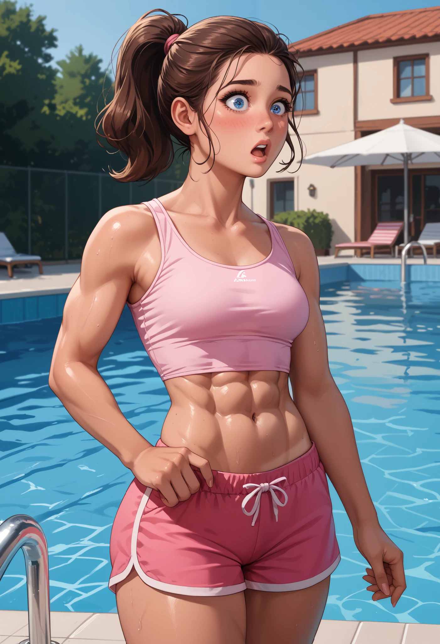 Dominic, rathing_questionable , brunette tanned, thick eyelashed, nice eyebrowed, plastic lips, brown ponytail, blue eyes, thick legged, plastic breasted ,Walking along the edge of the hotel rooftop swimming pool. (Cropped swim tank top) (pink swim shorts) ,((Medium bust:0.4)) , ((very thin:0.8)) gaunt , strong, 6 pack , Medium ass , sexy pose (Very shy) abs ,shocked