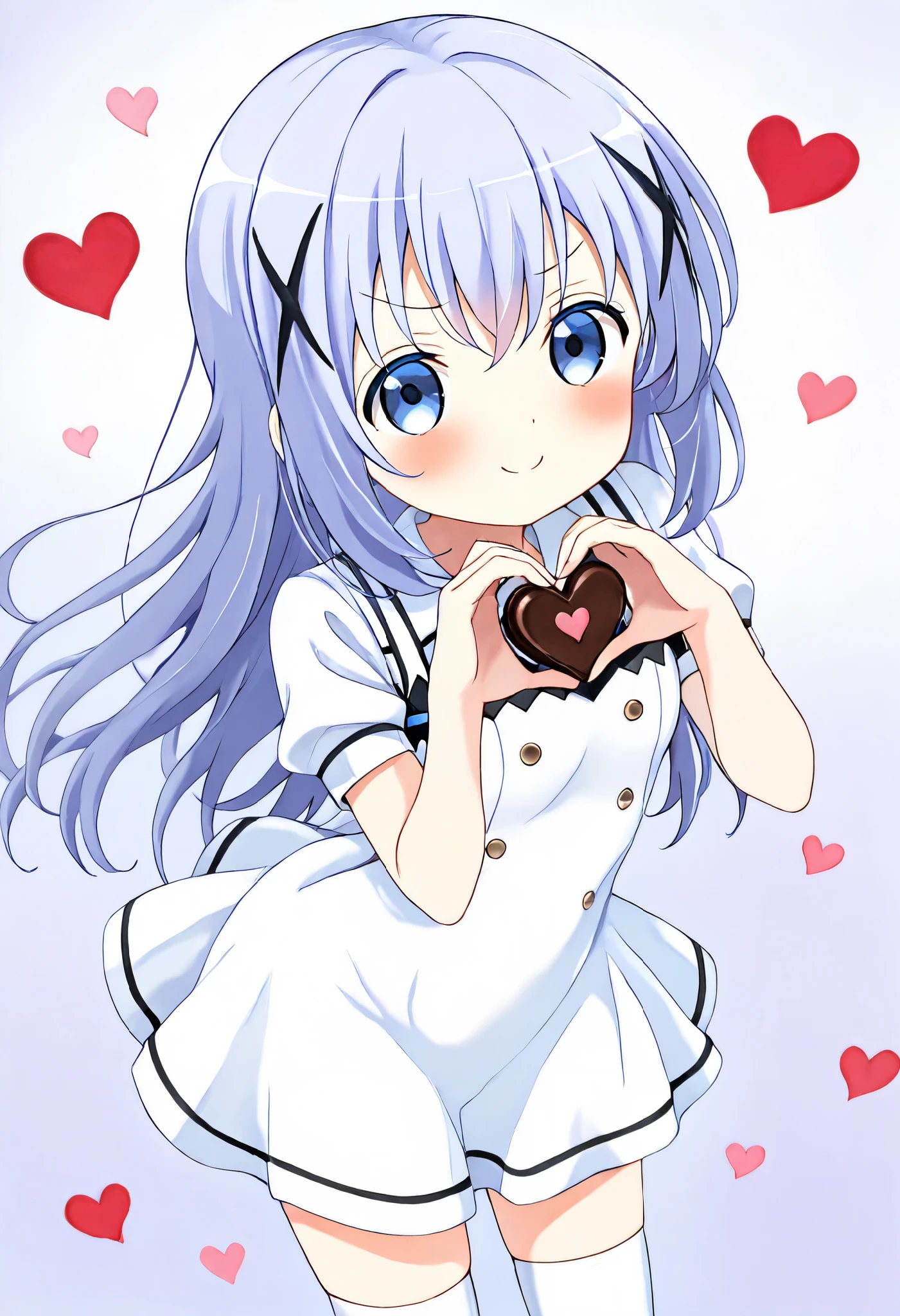 (anime colored), valentine chocolate , Give the chocolate ,heart shaped chocolate,thigh highs,v-shaped eyebrows,smiling,1girl,solo,(li), white dress ,kafuu chino , (petite),very cute ,small breasts,Original style, Very high quality, soft to the touch, beautiful,super detailed skin, high resolution, novel illustration, shiny skin,in gochuumon wa usagi desu ka? Style, (hands in heart pose)