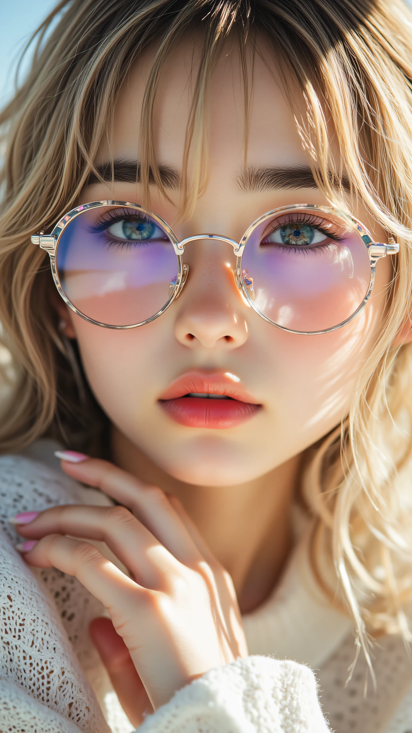 8k, masterpiece, highest quality, Korea's Beautiful Women, blonde,  long hair,  large eyes,  delicate features,  full lips,  round sunglasses,  iridescent,  holographic,  subtle makeup,  dainty hands,  touching face,  iridescent earrings,  dangling,  embellished,  vibrant, dreamy,  soft colors, luminous, digital painting, indistinct background, soft light.
