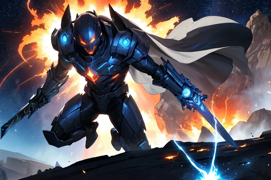 1male, space warrior in sleek metallic armor with glowing blue accents and intricate engravings; the armor features a flowing black cape dramatically billowing in the wind; wielding a plasma sword mid-swing with radiant blue energy trails; the character is leaping forward in an aggressive and heroic pose, eyes glowing intensely with determination, set on a chaotic alien battlefield with explosions and debris flying through the air; distant mountains glowing with molten lava; a massive alien spaceship hovering ominously in the background; dynamic low-angle shot to emphasize action and scale, cinematic lighting with intense highlights and shadows; glowing plasma sword casting vibrant blue light onto the character and surroundings; volumetric light rays cutting through the smoky battlefield; sparks, glowing embers, and energy particles enhancing the sense of motion, epic sci-fi blockbuster style with dramatic tension; high-energy and action-packed,