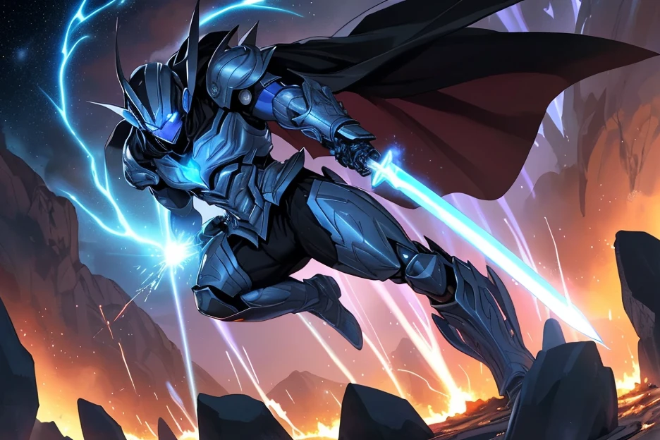 1male, space warrior in sleek metallic armor with glowing blue accents and intricate engravings; the armor features a flowing black cape dramatically billowing in the wind; wielding a plasma sword mid-swing with radiant blue energy trails; the character is leaping forward in an aggressive and heroic pose, eyes glowing intensely with determination, set on a chaotic alien battlefield with explosions and debris flying through the air; distant mountains glowing with molten lava; a massive alien spaceship hovering ominously in the background; dynamic low-angle shot to emphasize action and scale, cinematic lighting with intense highlights and shadows; glowing plasma sword casting vibrant blue light onto the character and surroundings; volumetric light rays cutting through the smoky battlefield; sparks, glowing embers, and energy particles enhancing the sense of motion, epic sci-fi blockbuster style with dramatic tension; high-energy and action-packed,