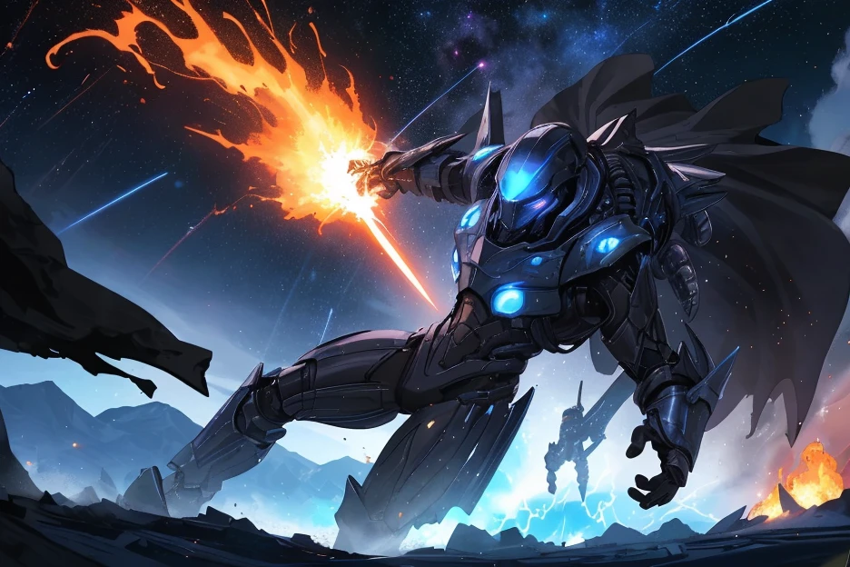 1male, space warrior in sleek metallic armor with glowing blue accents and intricate engravings; the armor features a flowing black cape dramatically billowing in the wind; wielding a plasma sword mid-swing with radiant blue energy trails; the character is leaping forward in an aggressive and heroic pose, eyes glowing intensely with determination, set on a chaotic alien battlefield with explosions and debris flying through the air; distant mountains glowing with molten lava; a massive alien spaceship hovering ominously in the background; dynamic low-angle shot to emphasize action and scale, cinematic lighting with intense highlights and shadows; glowing plasma sword casting vibrant blue light onto the character and surroundings; volumetric light rays cutting through the smoky battlefield; sparks, glowing embers, and energy particles enhancing the sense of motion, epic sci-fi blockbuster style with dramatic tension; high-energy and action-packed,
