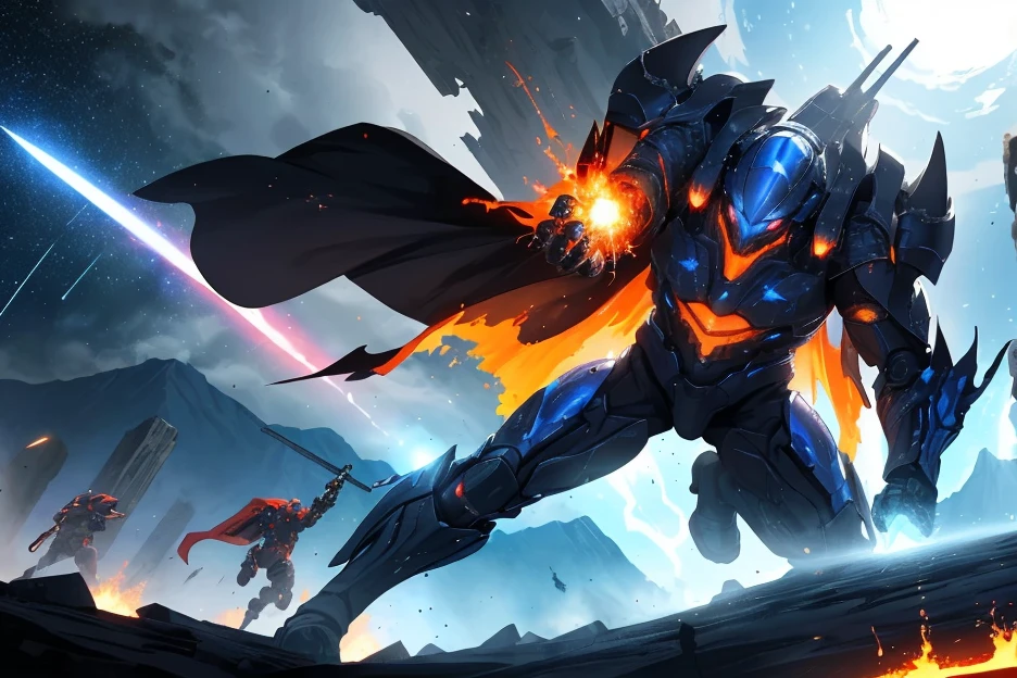 1male, space warrior in sleek metallic armor with glowing blue accents and intricate engravings; the armor features a flowing black cape dramatically billowing in the wind; wielding a plasma sword mid-swing with radiant blue energy trails; the character is leaping forward in an aggressive and heroic pose, eyes glowing intensely with determination, set on a chaotic alien battlefield with explosions and debris flying through the air; distant mountains glowing with molten lava; a massive alien spaceship hovering ominously in the background; dynamic low-angle shot to emphasize action and scale, cinematic lighting with intense highlights and shadows; glowing plasma sword casting vibrant blue light onto the character and surroundings; volumetric light rays cutting through the smoky battlefield; sparks, glowing embers, and energy particles enhancing the sense of motion, epic sci-fi blockbuster style with dramatic tension; high-energy and action-packed,