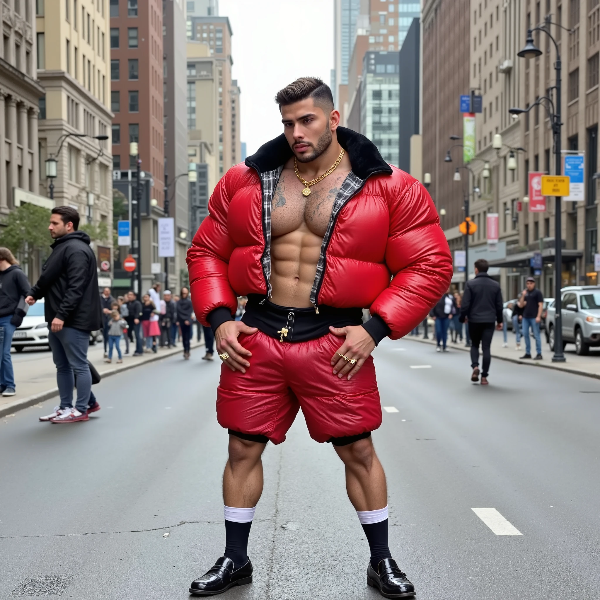 full view teenage arrogant chubby white european chav 15 yo boy with big round belly, with styled clean shaved brown undercut haircut, wearing Nike white socks, golden sovereign rings, adidas black nylon tight trackie pants, in puffy Canada Goose shiny over-inflated down jacket in transparent red PVC like a pool buoy, sitting in his white socks on a stone bench, showing off his white Nike socks, looking around, street evening, young chavs in different styles of outfits passing behind