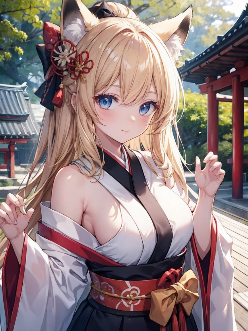 highest quality、Big Breasts、Cleavage、Fox ears、Long blonde、Red Eye、kimono、smile、Tongue out、Japanese-style room