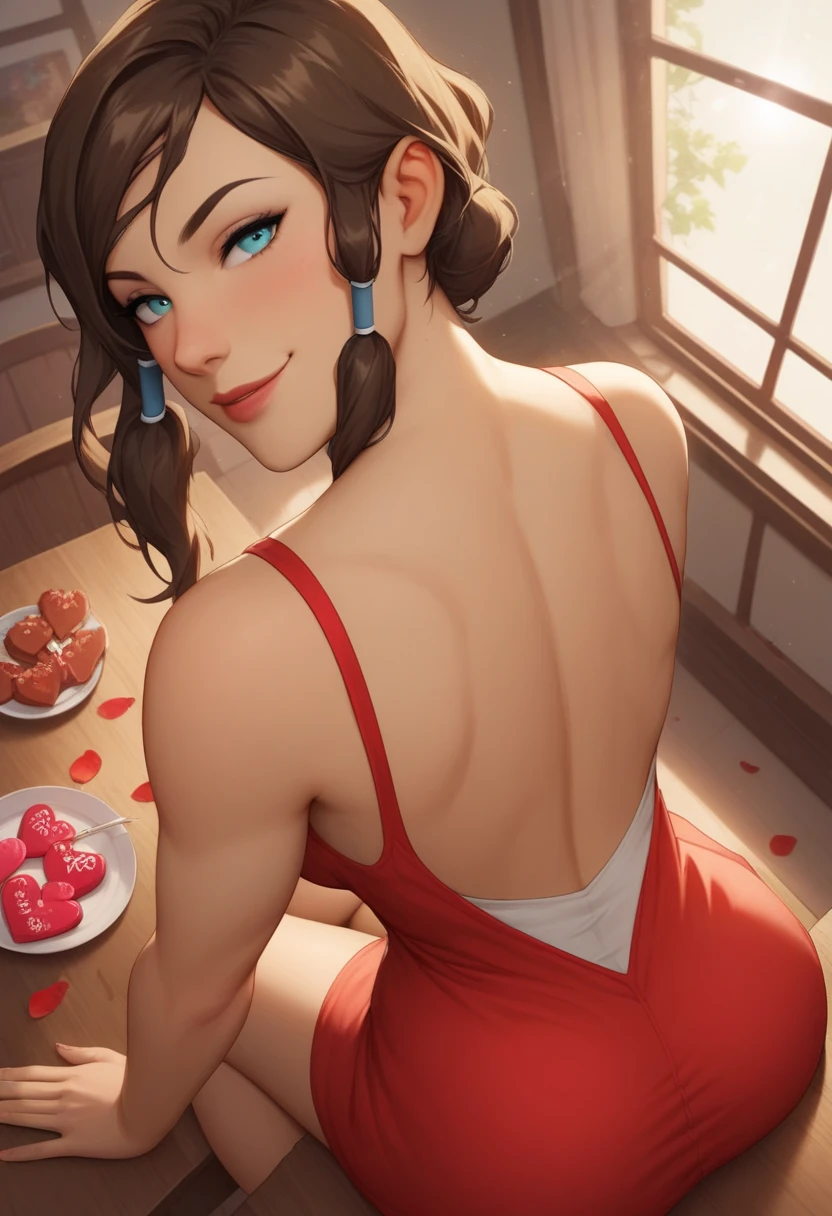 score_9, score_8_up, source_realistic, Realistic photo, photo, real, Realistic, score_9, score_8_up, score_7_up, source_anime, score_9, score_9, score_8_up, score_7_up, source_anime, 1girl, solo, boob window, cow pattern crop top, no bra, big , standing, holding a tray of burned food, gown, cooking, kitchen, azula, front view, looking at viewer, embarrassed, shy, tray on table, arms behind back, blue Eyes