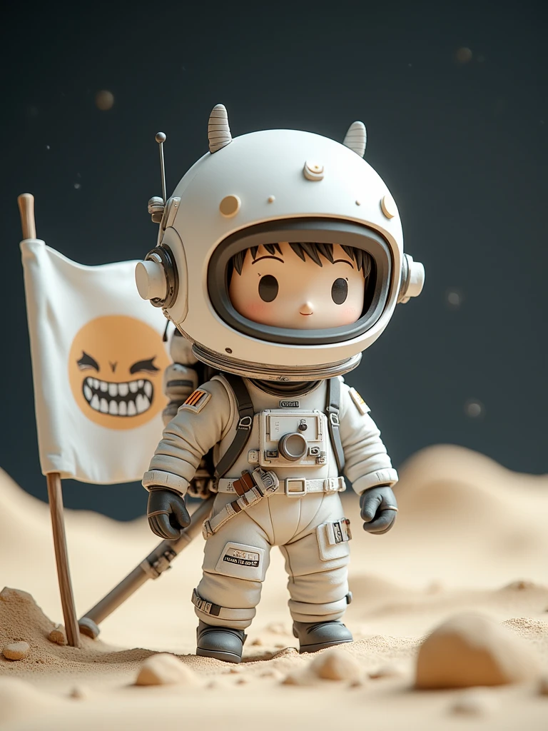 a 3D rendering of a chibi astronaut with samurai aesthetics. white astronaut suit with samurai armor design. white samurai helmet, with a demon mask. carrying multiple katana on his back. planting a giant flag on the ground, the flag is an image of japanese oni face. in space.