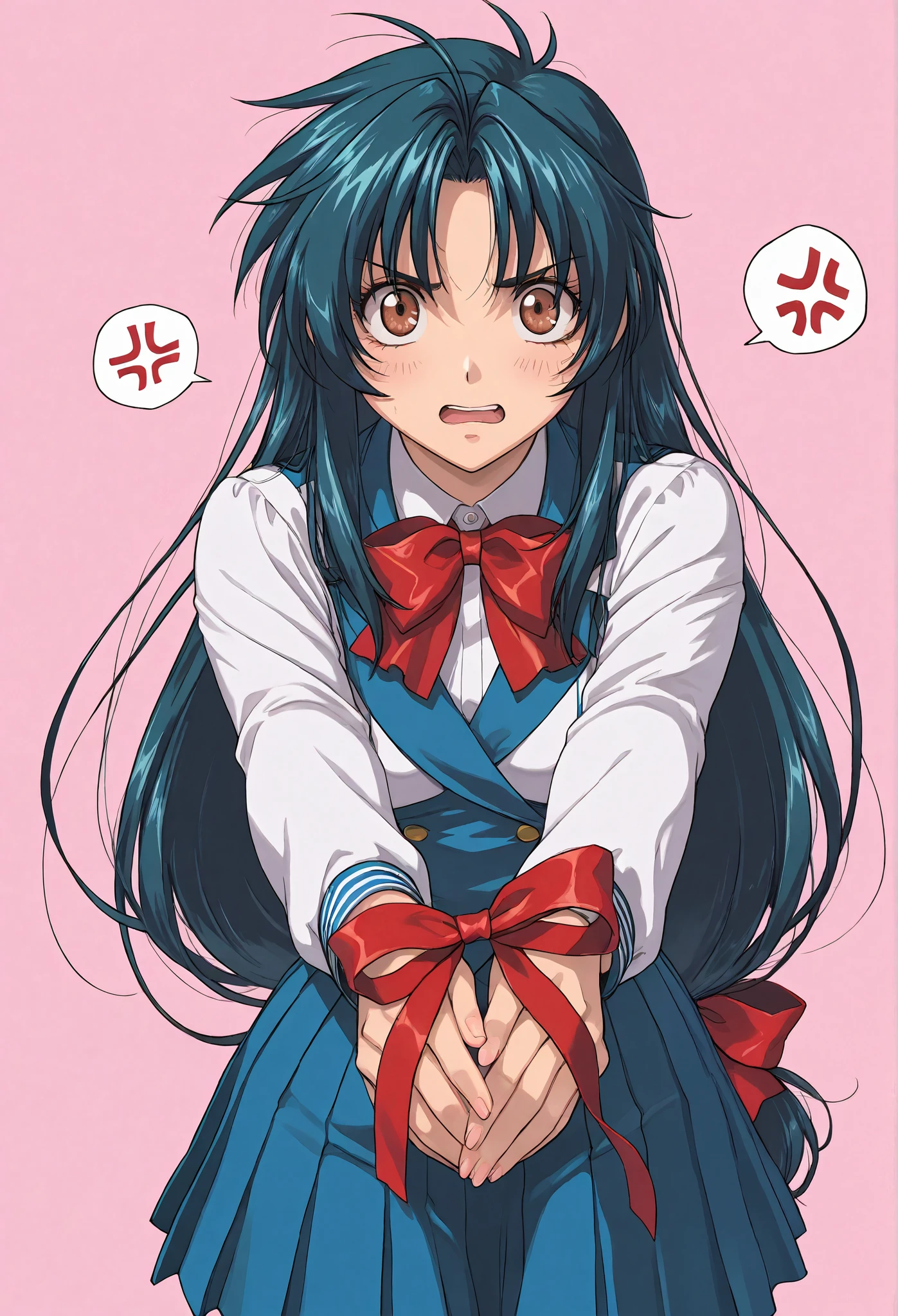 {{{ masterpiece}}}, {{{ top quality}}}, {{ ultra high resolution}}, { Illustration of }, {{ Very Delicate And Beautiful}}, {{{Chidori Kaname}}}\( full metal panic)(( Unity 8k Wallpaper),( detailed image ), ,{{{ school uniform}}}, black hair,,{{Harisen}}, ,{{{Please wrap a wide red ribbon around your body }}},{ I have a large number of wide ribbons wrapped around my body},{{{Stretch your body with a ribbon }}} nervous {anger vein}