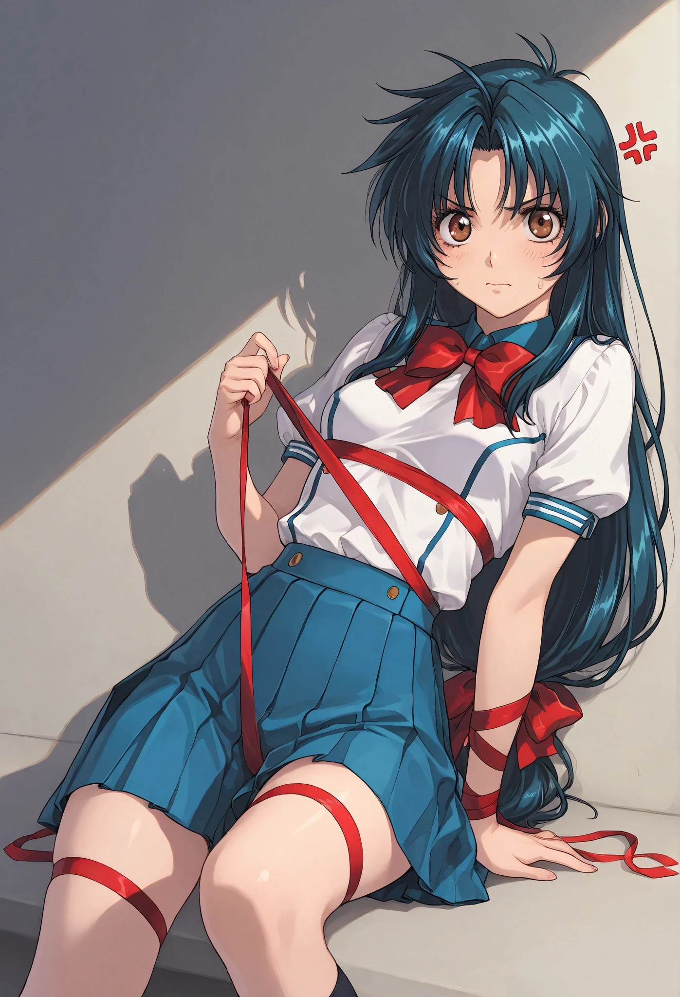 {{{ masterpiece}}}, {{{ top quality}}}, {{ ultra high resolution}}, { Illustration of }, {{ Very Delicate And Beautiful}}, {{{Chidori Kaname}}}\(  full metal panic)((   Unity 8k Wallpaper),(   detailed image   ), ,{{{  school uniform}}},   black hair,,{{Harisen}}, ,{{{Please wrap a wide red ribbon around your body  }}},{  I have a large number of wide ribbons wrapped around my body},{{{Stretch your body with a ribbon }}} nervous {anger vein}