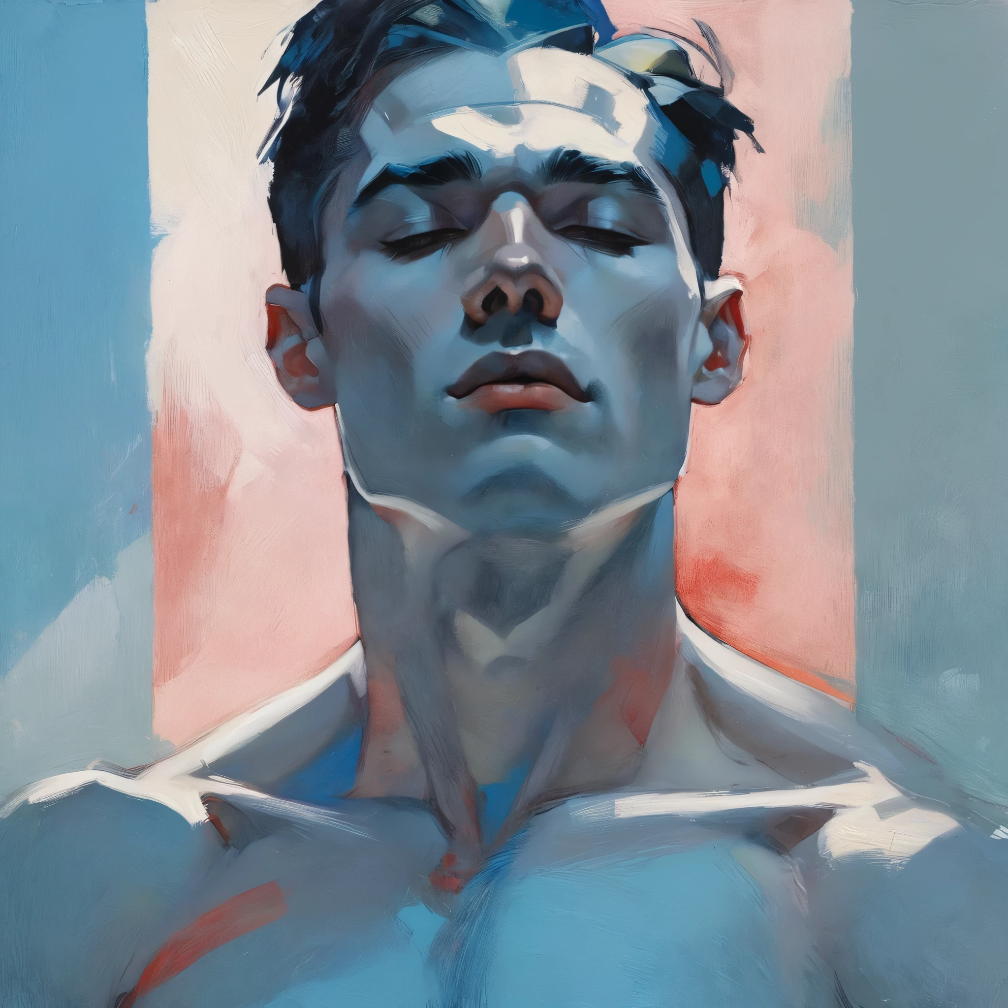 chiaroscuro technique on sensual illustration of an arafed man in white underwear, sexy masculine, diego fazio, male model, by Ludovit Fulla, model with attractive body, inspired by Ludovit Fulla, mid-shot of a hunky, the model draped in flowing, thick oil painting by Harumi Hironaka, extremely soft colors, vibrant, highly detailed, malcolm liepke painting, oil on canvas, high contrast, dramatic, refined, tonal, Create high contrast between light and shadow fire around, there is a red circle on a blue and red square, inspired by Bauhaus, in a shapes background, brown red blue, circle forms, red blue, by Leon Polk Smith, memphis abstract minimal art, graphic shapes, minimal art, blue and red, minimal art style, bauhaus art, inspired by El Lissitzky, bold simple shapes